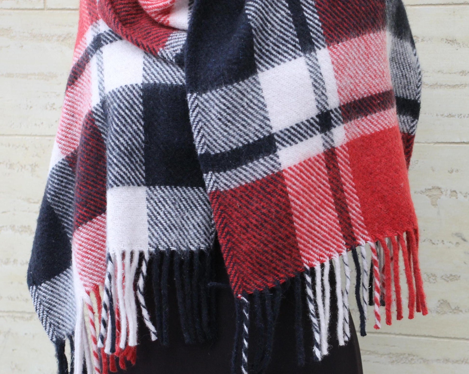 Wool scarf,black red white scarf,wool hood,wool snood,wool head scarf, Checkered wool scarf women,Vintage Plaid Scarf,Upcycled Blanket Scarf
