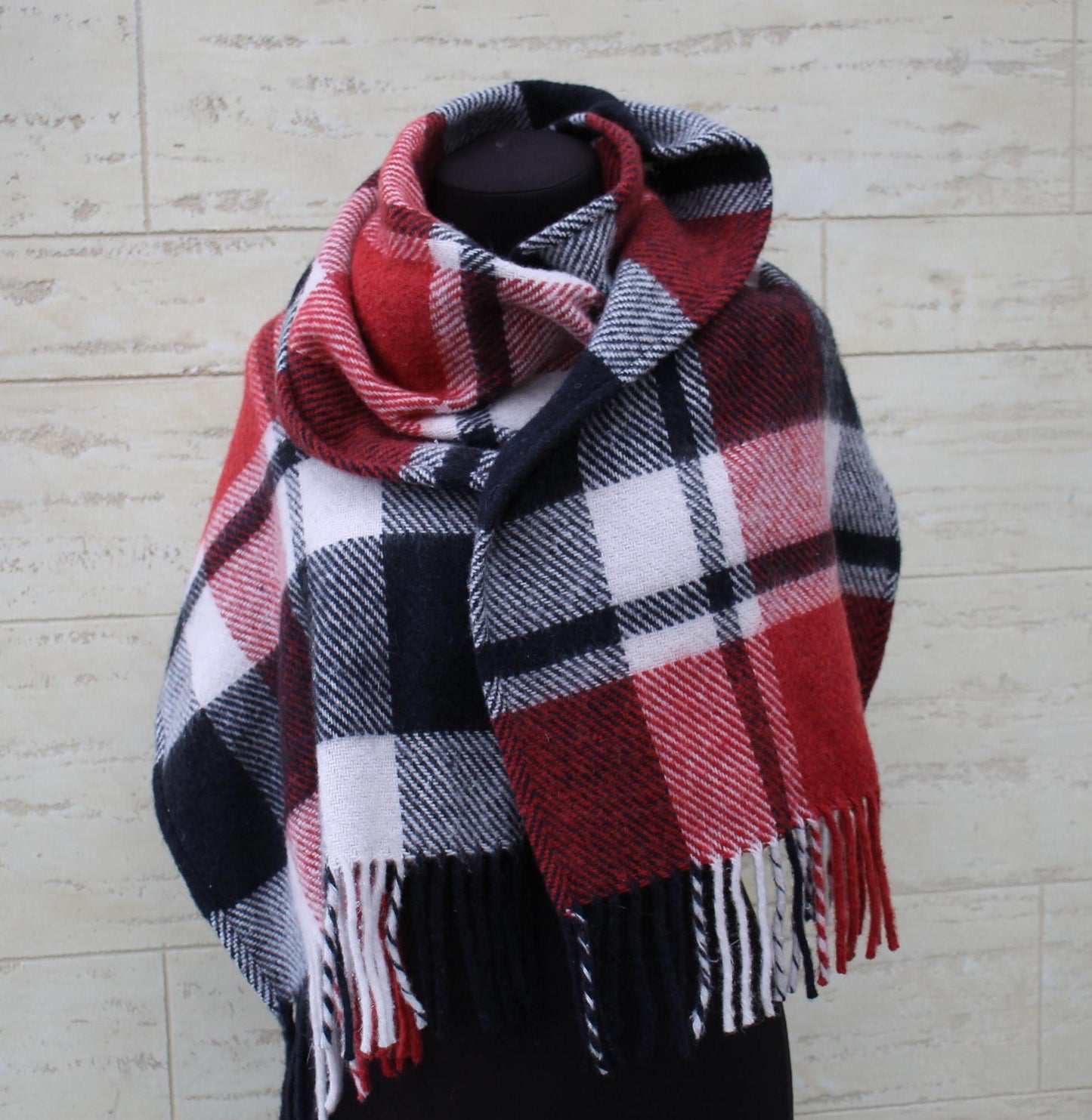 Wool scarf,black red white scarf,wool hood,wool snood,wool head scarf, Checkered wool scarf women,Vintage Plaid Scarf,Upcycled Blanket Scarf