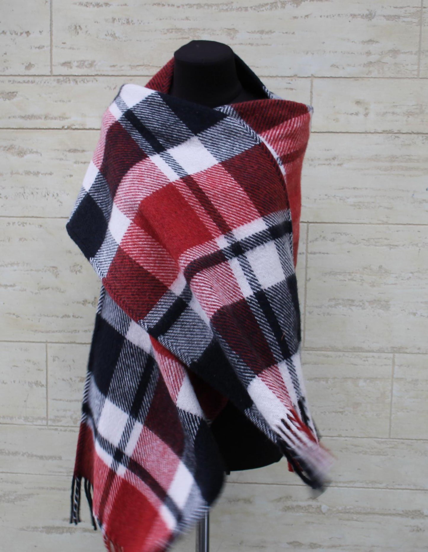 Wool scarf,black red white scarf,wool hood,wool snood,wool head scarf, Checkered wool scarf women,Vintage Plaid Scarf,Upcycled Blanket Scarf
