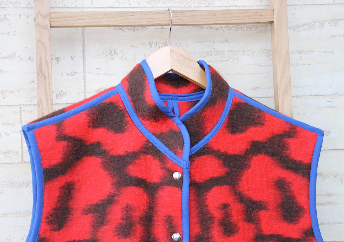 Upcycled Wool Blanket Vest, Red Plaid, Handmade Coat, Size M/L