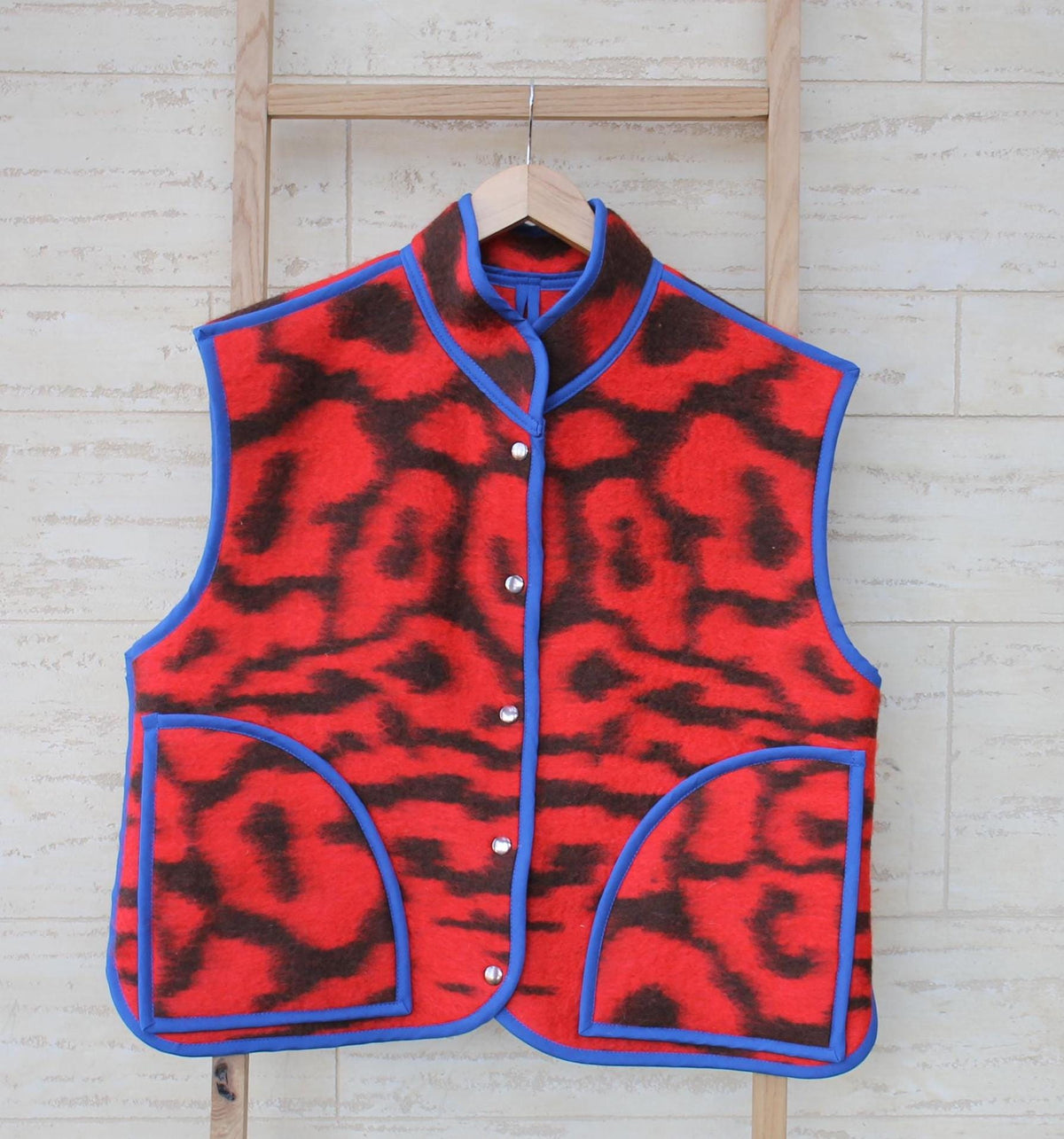 Upcycled Wool Blanket Vest, Red Plaid, Handmade Coat, Size M/L