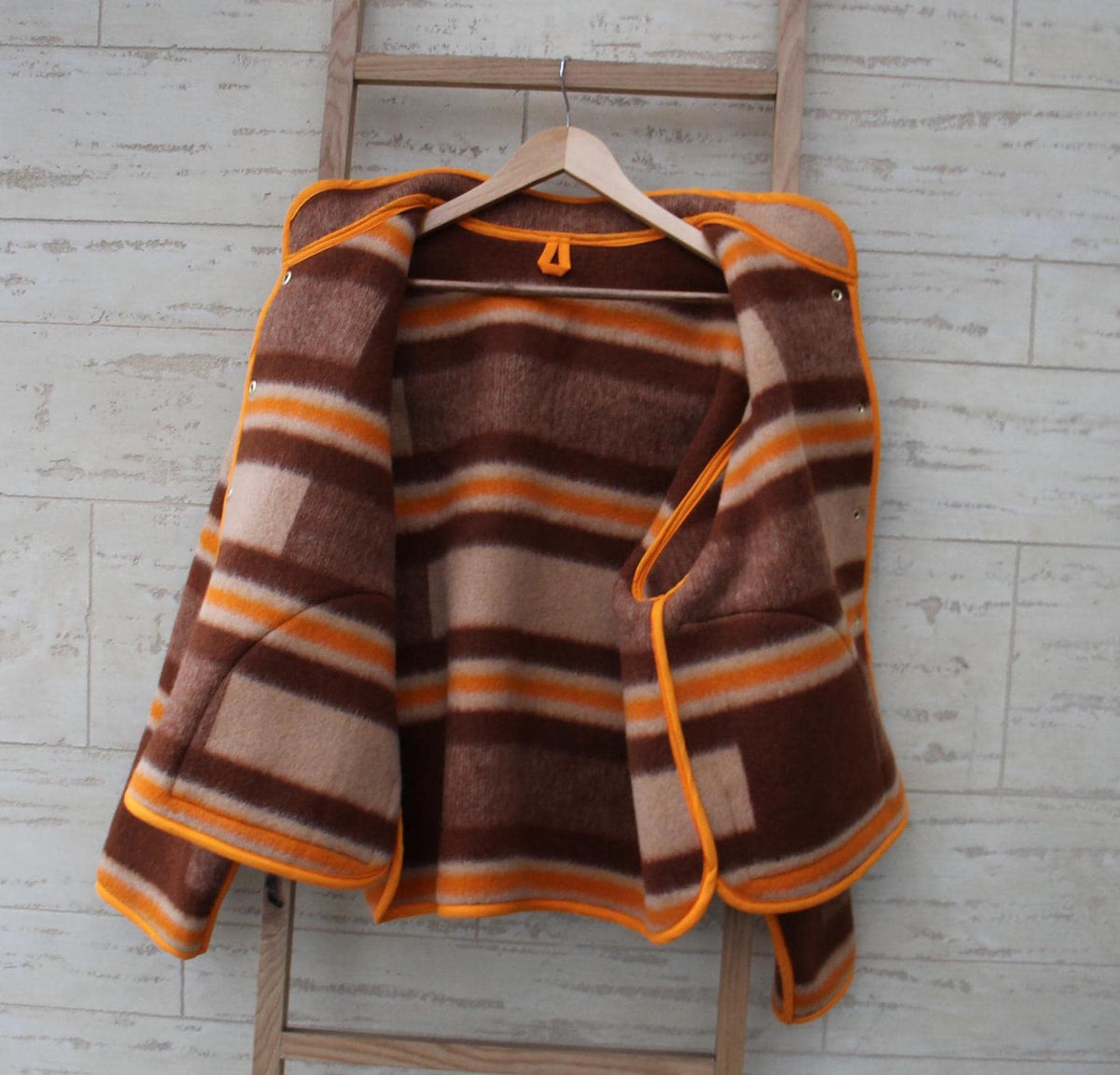 Handmade Upcycled Wool Blanket Jacket, Orange Trim, Oversize Fit