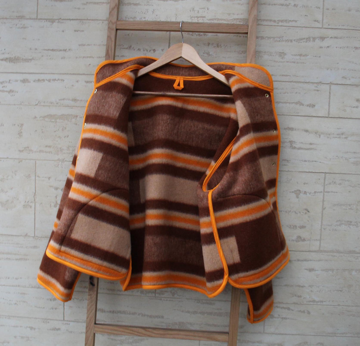 Handmade Upcycled Wool Blanket Jacket, Orange Trim, Oversize Fit