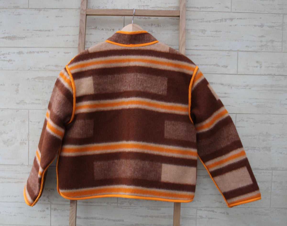 Handmade Upcycled Wool Blanket Jacket, Orange Trim, Oversize Fit