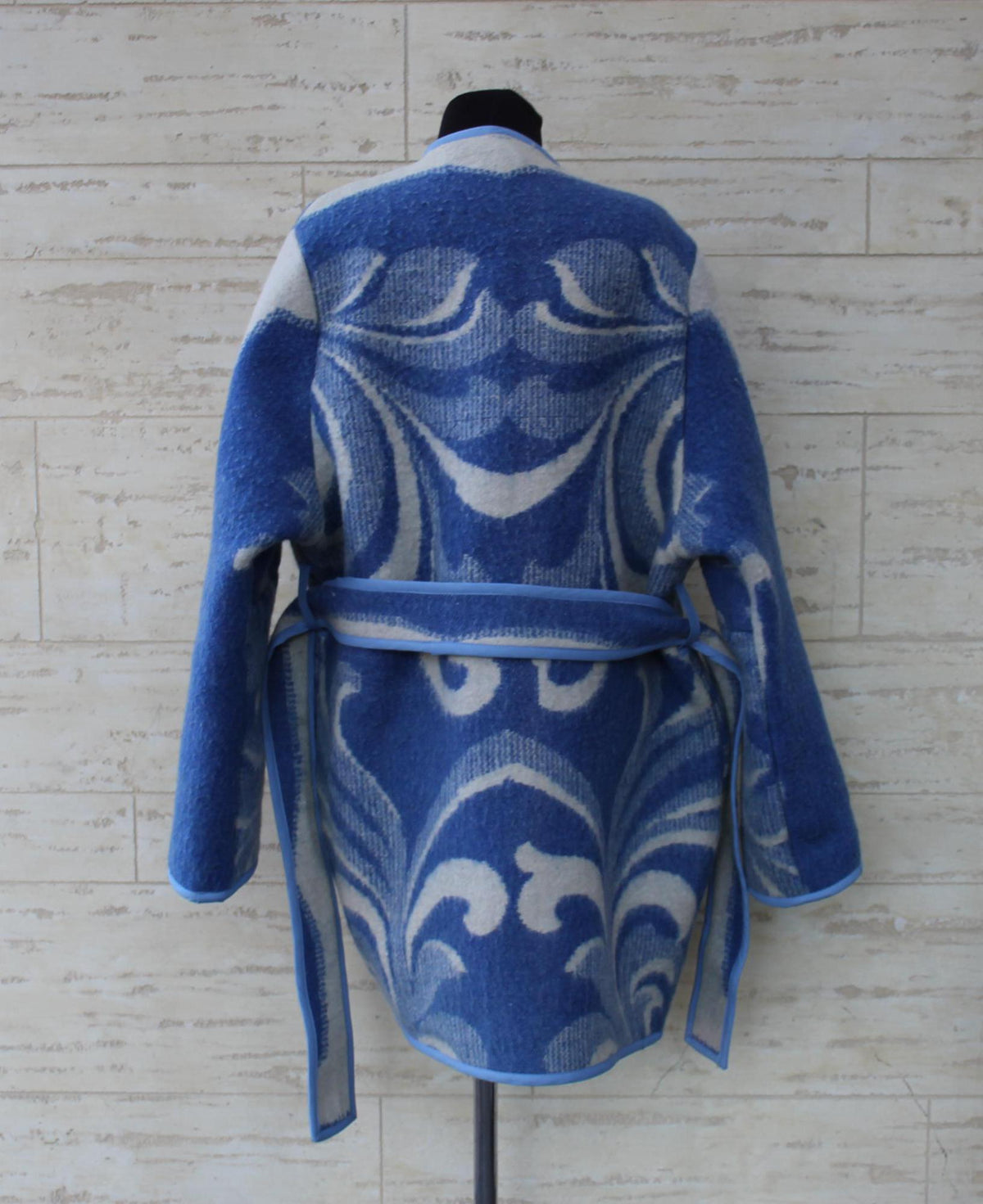 Handmade Wool Blanket Coat, Oversized Blue Plaid Jacket, Ukraine