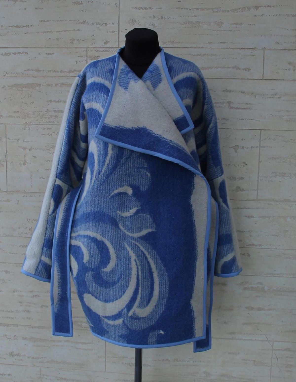 Handmade Wool Blanket Coat, Oversized Blue Plaid Jacket, Ukraine