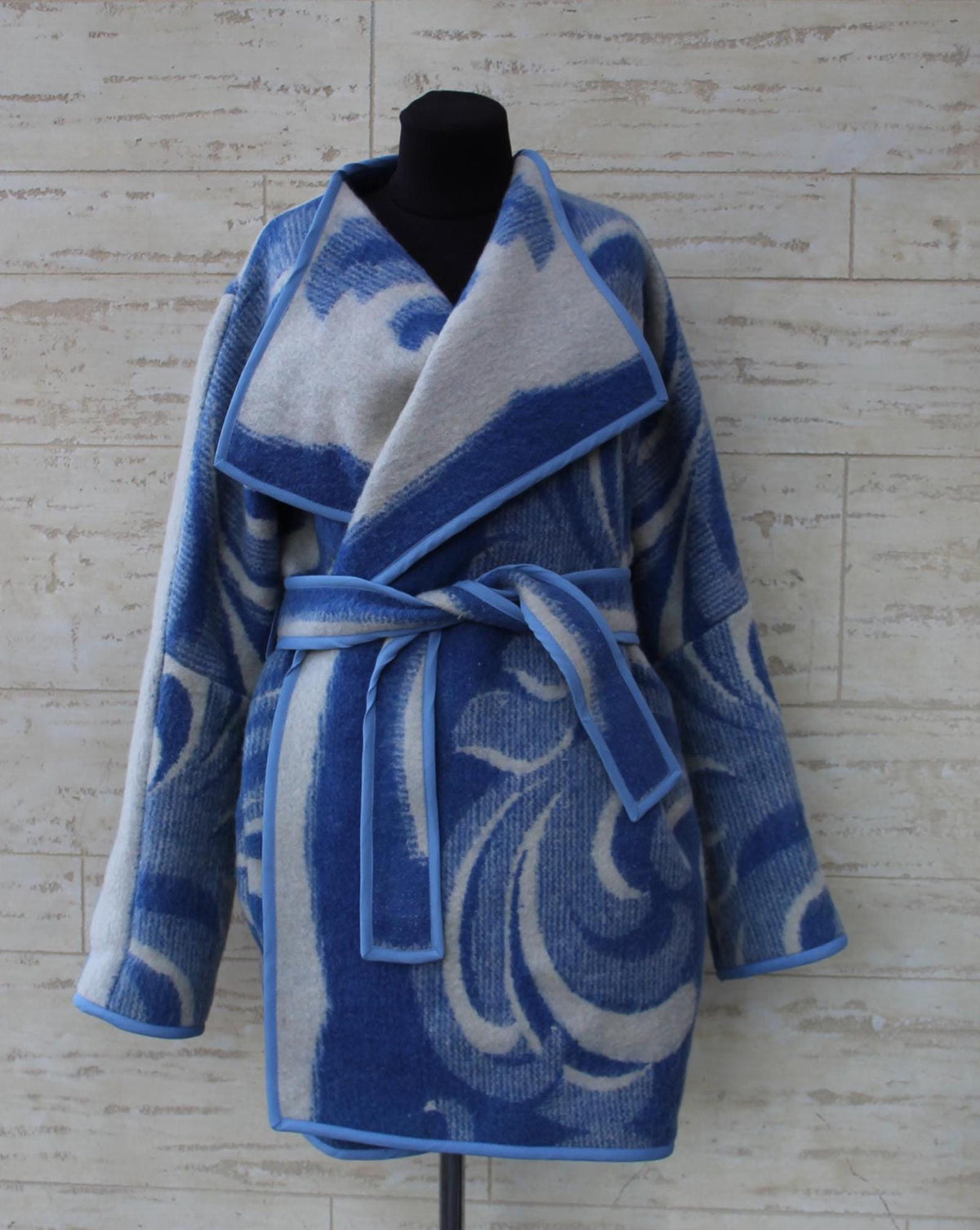 Handmade Wool Blanket Coat, Oversized Blue Plaid Jacket, Ukraine
