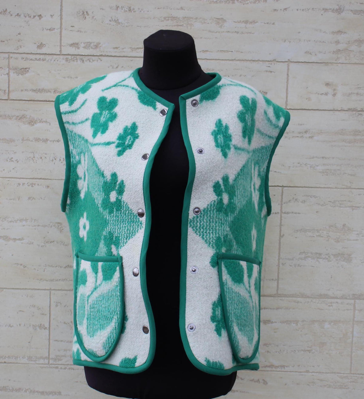 Handmade Upcycled Wool Vest, Green Floral Blanket, Size M