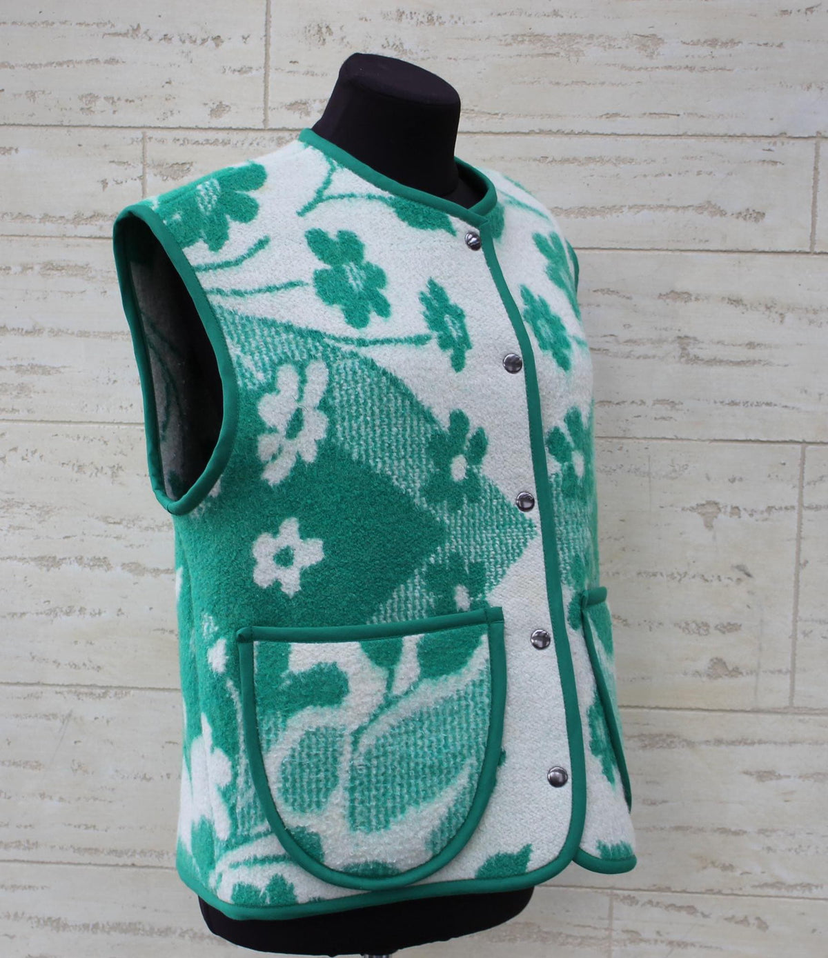 Handmade Upcycled Wool Vest, Green Floral Blanket, Size M