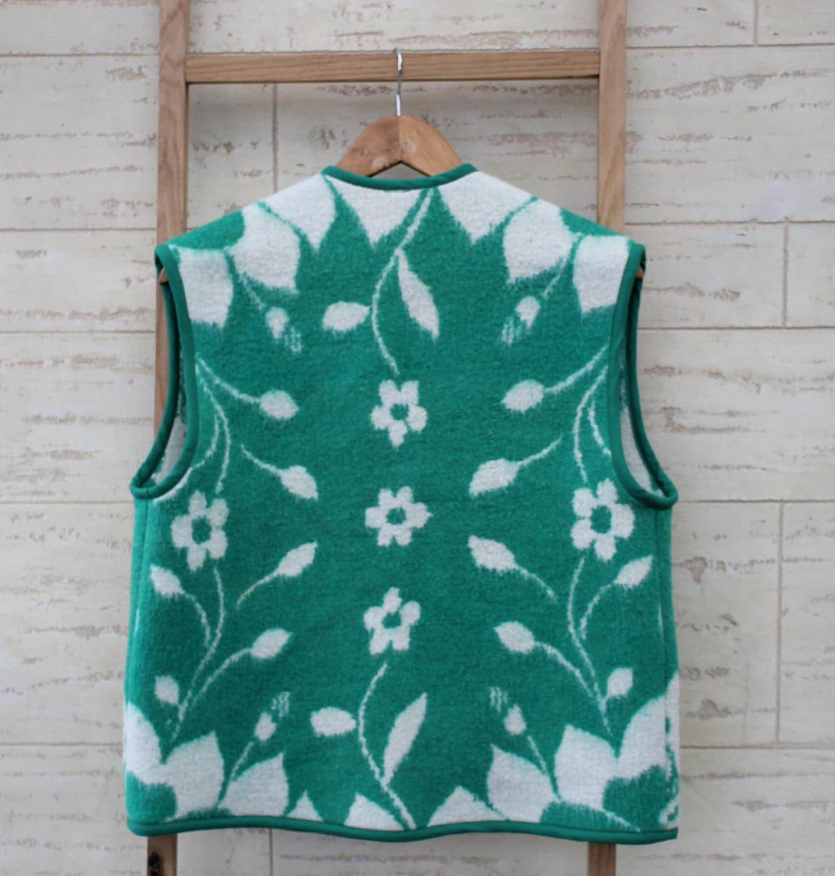 Handmade Upcycled Wool Vest, Green Floral Blanket, Size M
