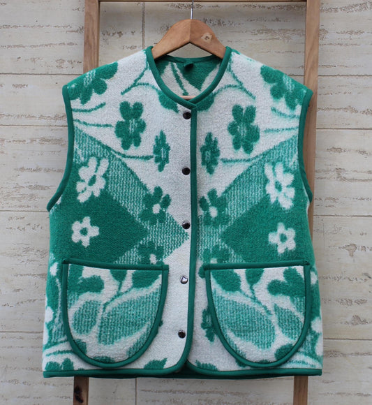 Handmade Upcycled Wool Vest, Green Floral Blanket, Size M