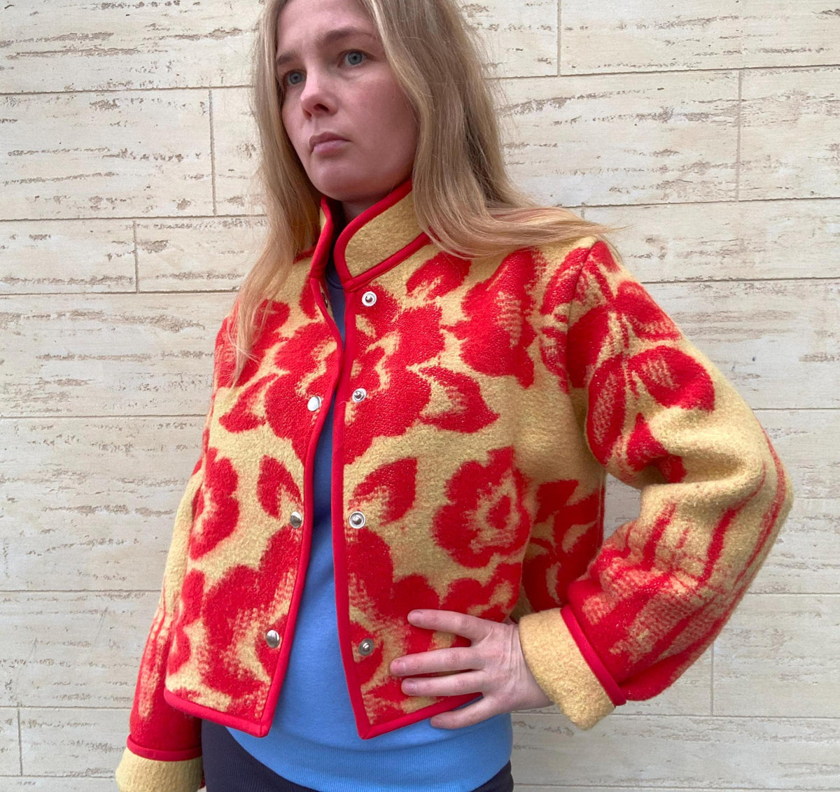 Upcycled Wool Jacket and Skirt Set, Red Floral Blanket Coat, Size M
