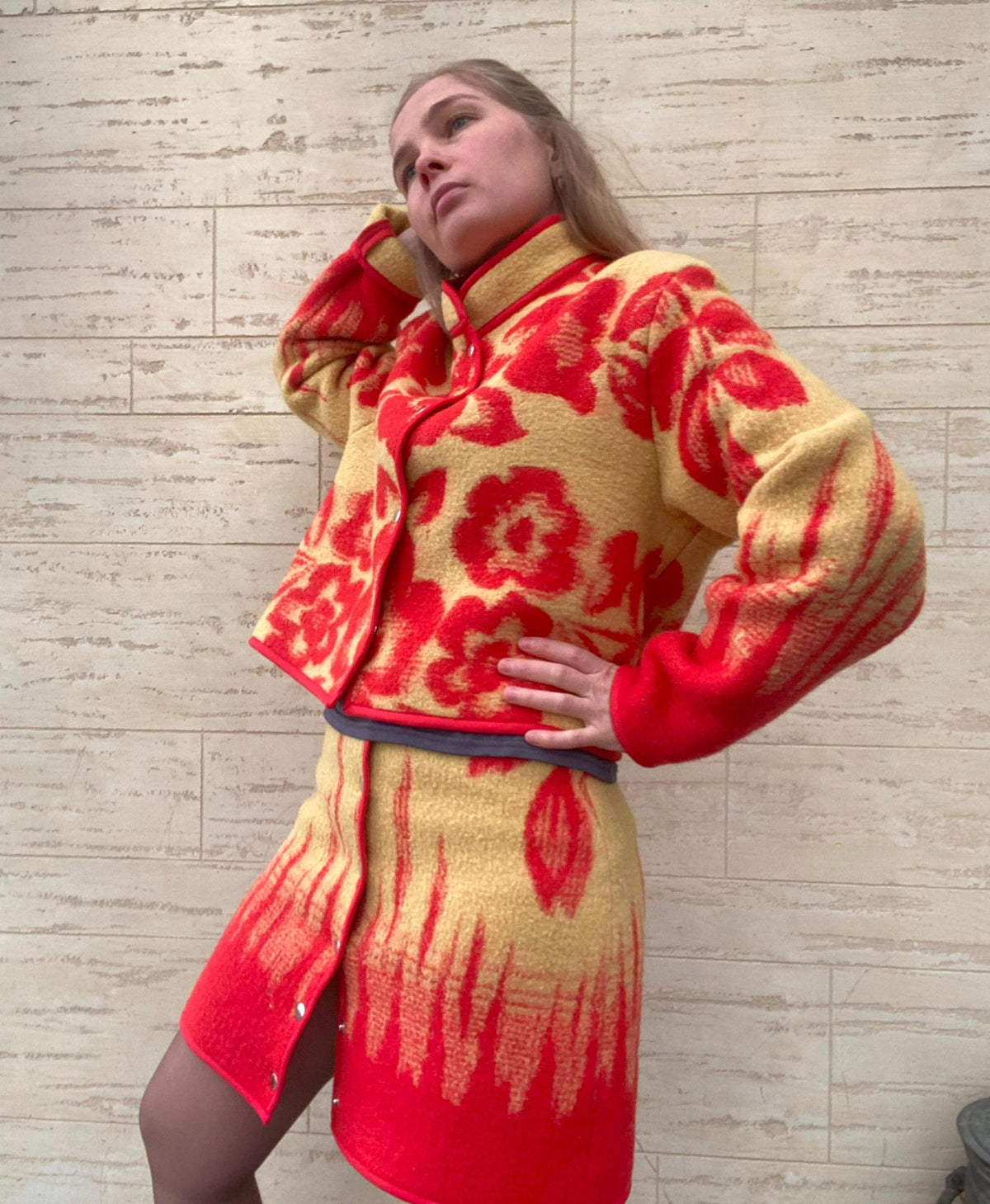 Upcycled Wool Jacket and Skirt Set, Red Floral Blanket Coat, Size M