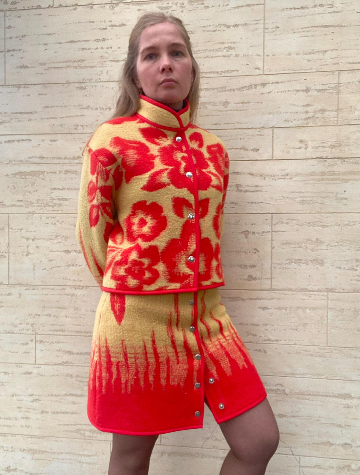 Upcycled Wool Jacket and Skirt Set, Red Floral Blanket Coat, Size M