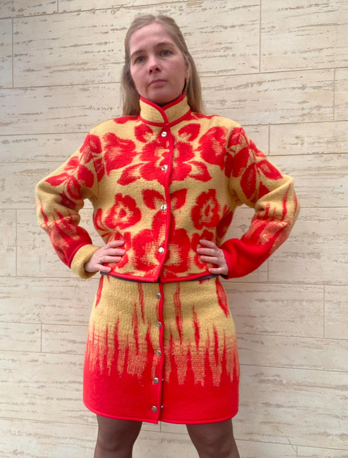 Upcycled Wool Jacket and Skirt Set, Red Floral Blanket Coat, Size M