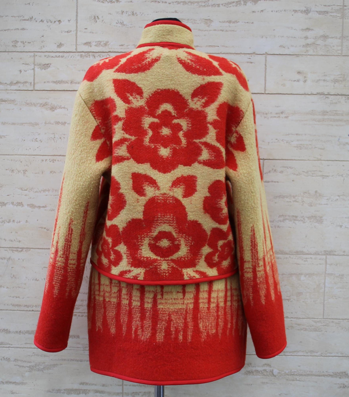 Upcycled Wool Jacket and Skirt Set, Red Floral Blanket Coat, Size M