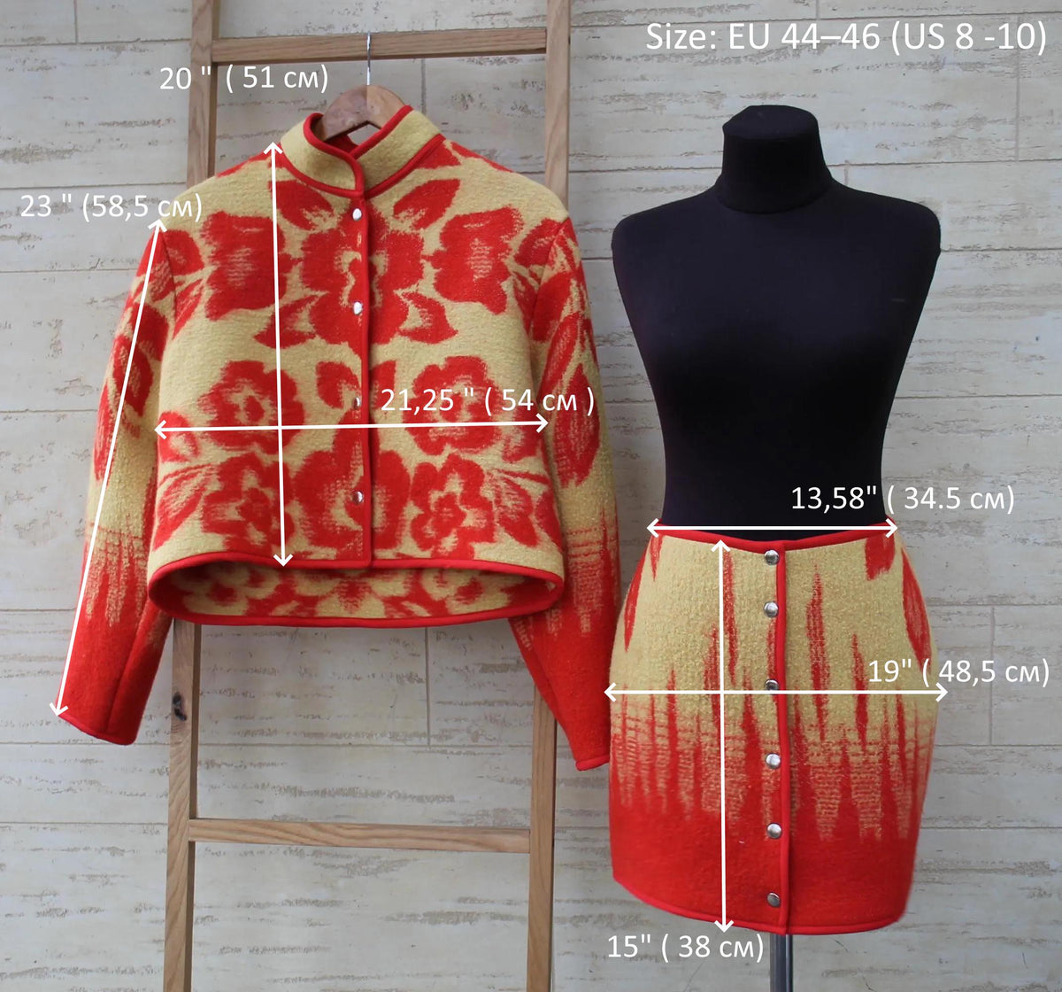 Upcycled Wool Jacket and Skirt Set, Red Floral Blanket Coat, Size M