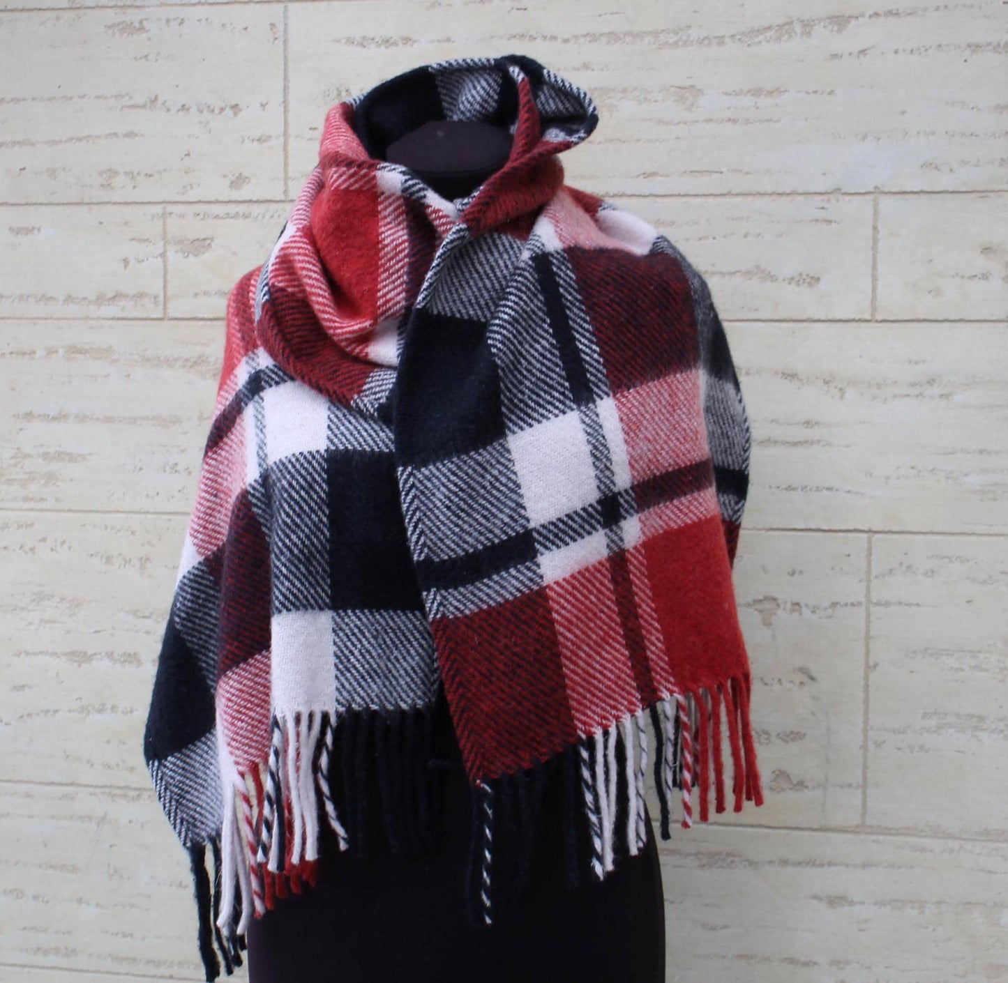 Wool scarf,black red white scarf,wool hood,wool snood,wool head scarf, Checkered wool scarf women,Vintage Plaid Scarf,Upcycled Blanket Scarf