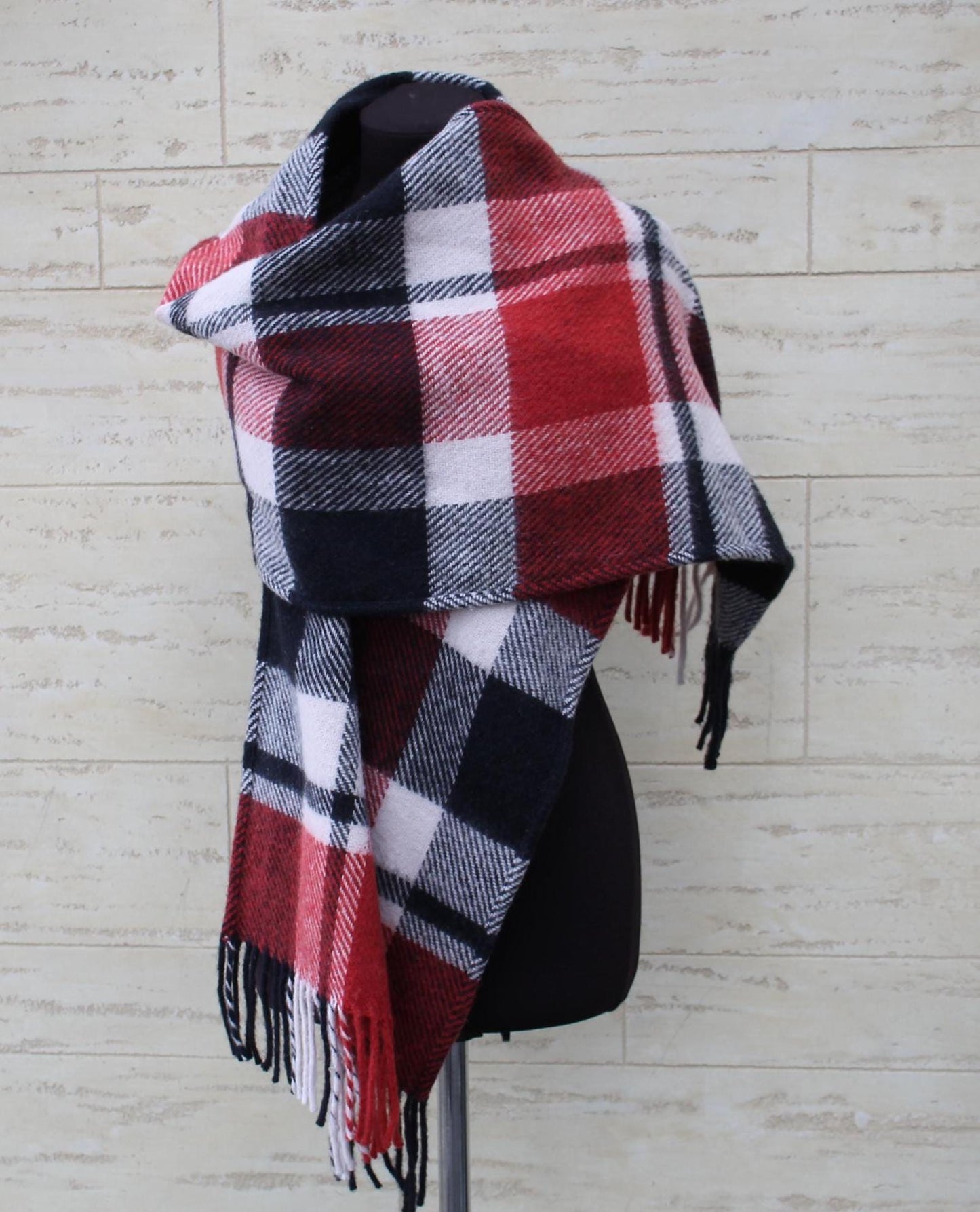 Wool scarf,black red white scarf,wool hood,wool snood,wool head scarf, Checkered wool scarf women,Vintage Plaid Scarf,Upcycled Blanket Scarf