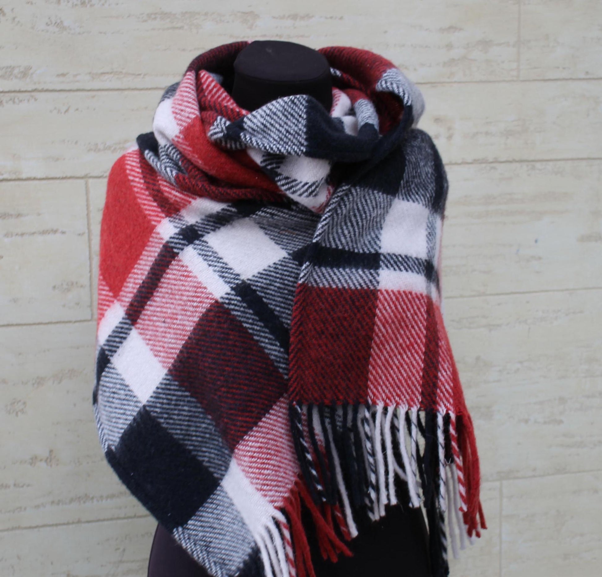 Wool scarf,black red white scarf,wool hood,wool snood,wool head scarf, Checkered wool scarf women,Vintage Plaid Scarf,Upcycled Blanket Scarf