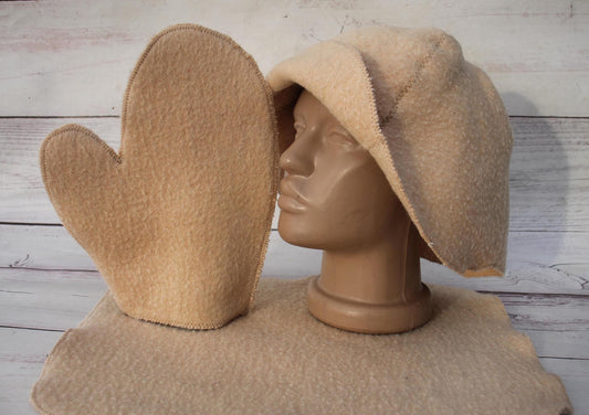 Wool sauna hat mitten mat natural, handmade felted bath hat , ecoriendly wool hat recycled blanket hat, sauna cap,gift for sauna lovers.