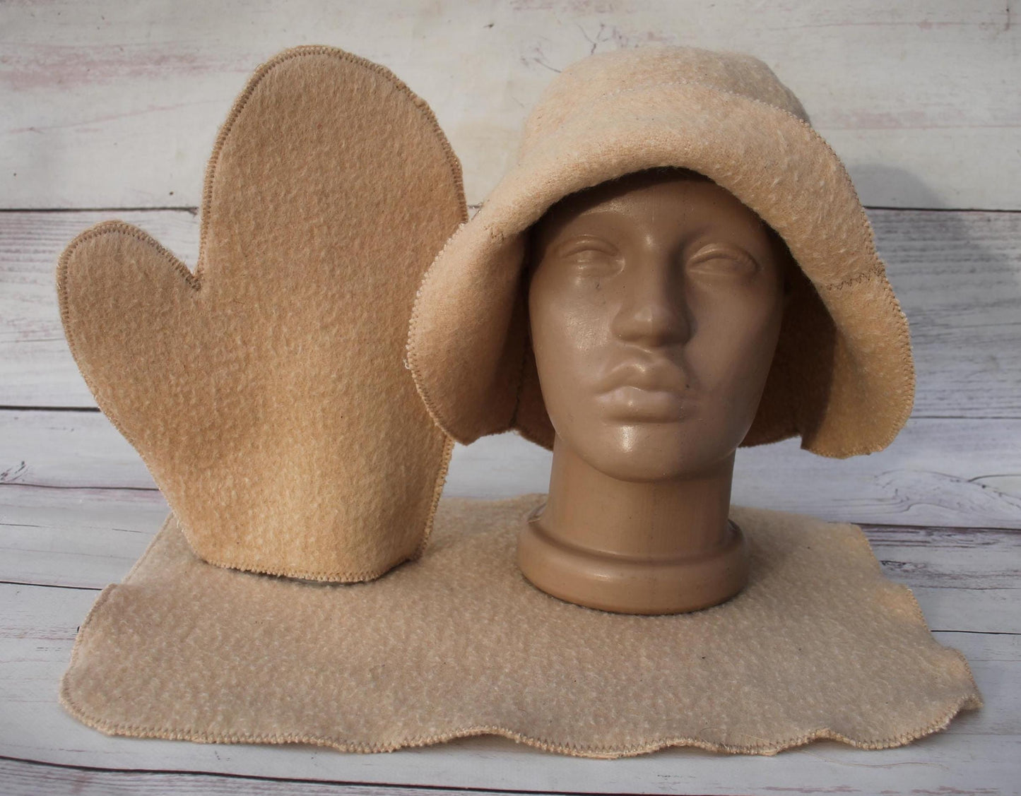 Wool sauna hat mitten mat natural, handmade felted bath hat , ecoriendly wool hat recycled blanket hat, sauna cap,gift for sauna lovers.