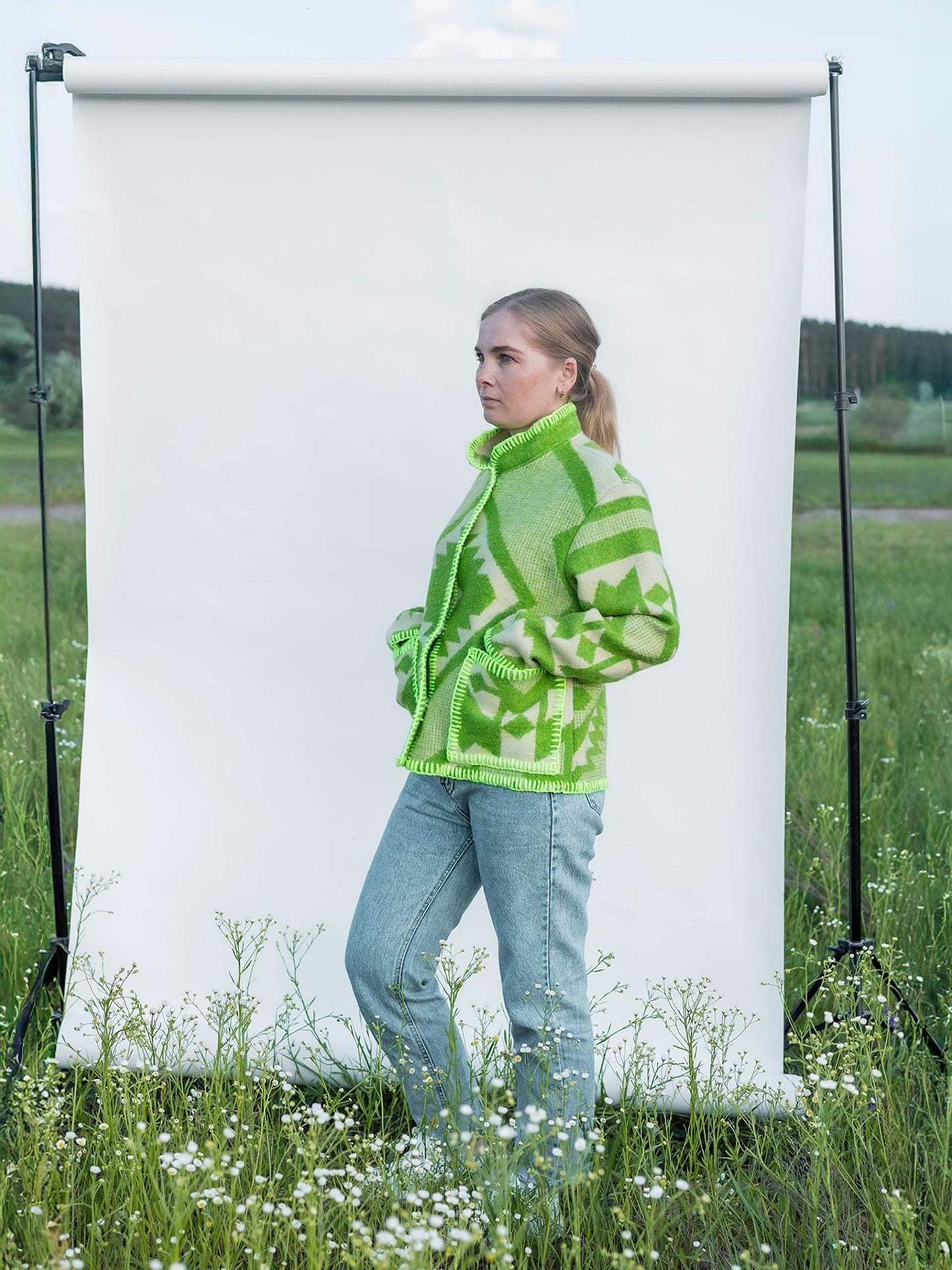 Wool Blanket Jacket Size S/M, vintage Boho Green Geometric Folk Coat Handmade Upcycled Eco Wool Outerwear, Ukrainian Wool, gift for her.