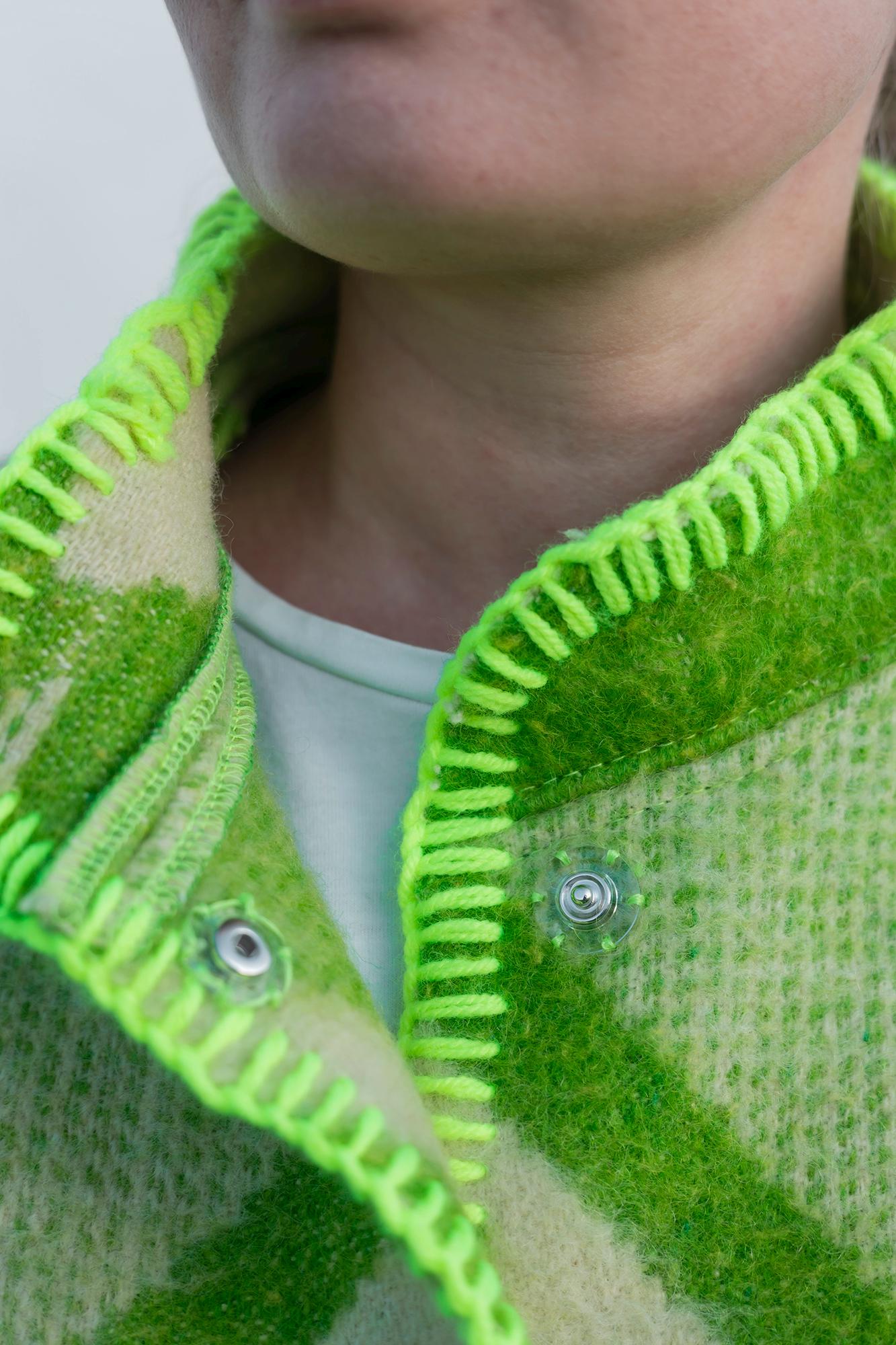 Wool Blanket Jacket Size S/M, vintage Boho Green Geometric Folk Coat Handmade Upcycled Eco Wool Outerwear, Ukrainian Wool, gift for her.