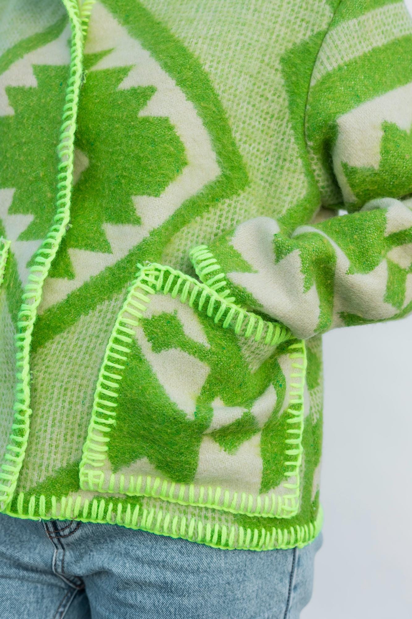 Wool Blanket Jacket Size S/M, vintage Boho Green Geometric Folk Coat Handmade Upcycled Eco Wool Outerwear, Ukrainian Wool, gift for her.