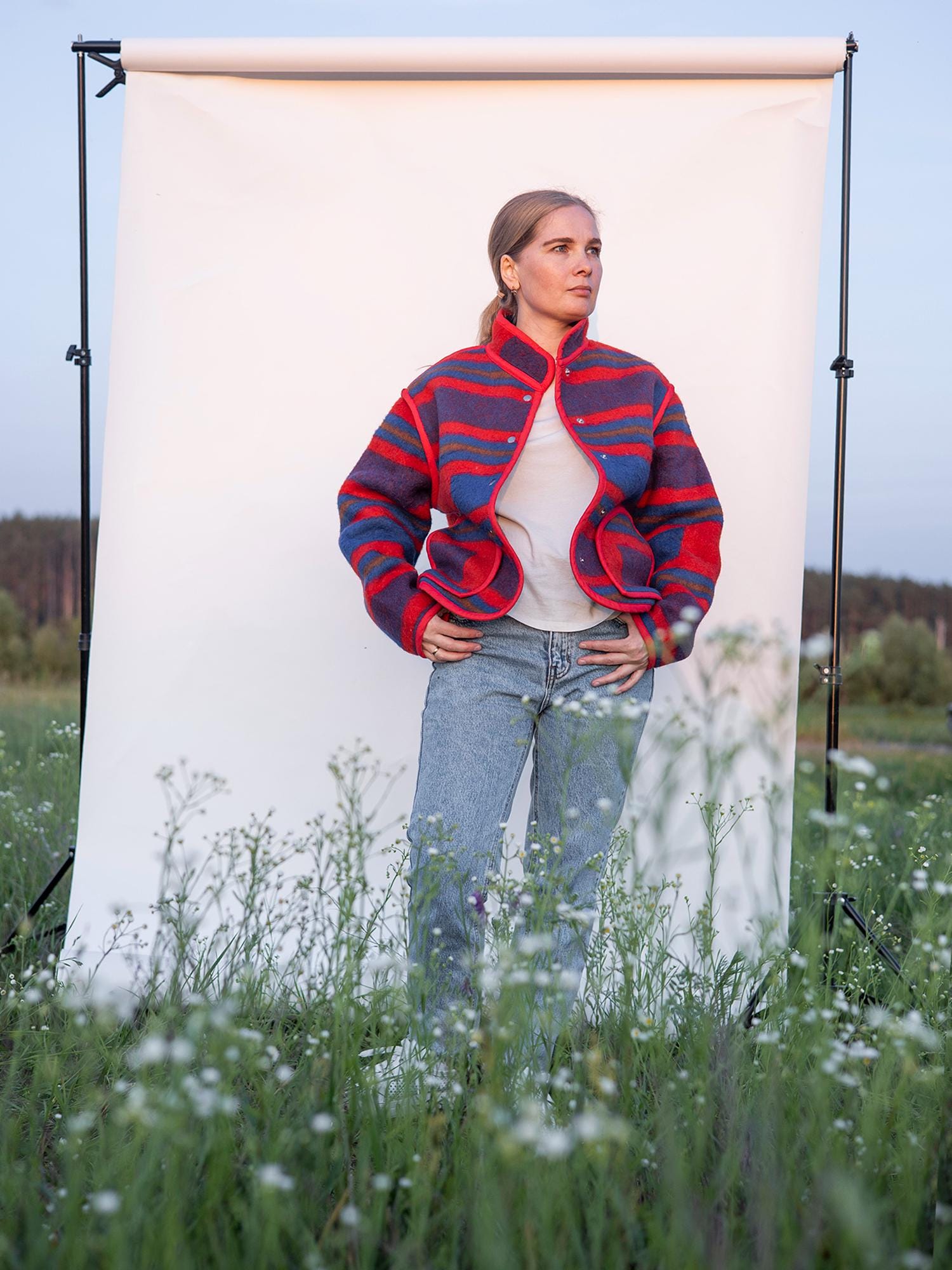 Upcycled Wool Blanket Jacket, Red Blue Striped Coat Handmade Folk Outerwear,Vintage Recycled Wool Size M,wollen jacket womens,gift for her.