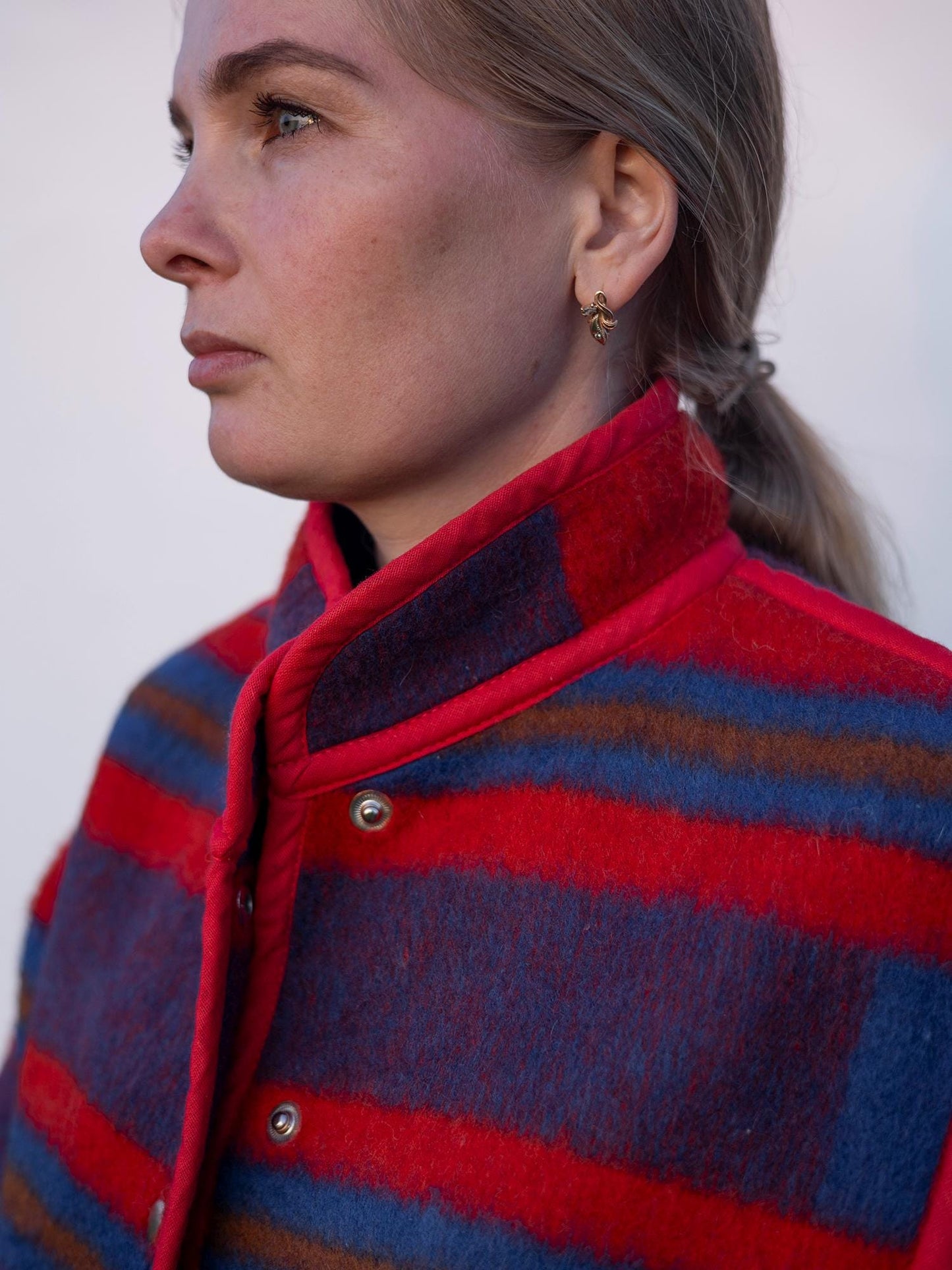 Upcycled Wool Blanket Jacket, Red Blue Striped Coat Handmade Folk Outerwear,Vintage Recycled Wool Size M,wollen jacket womens,gift for her.