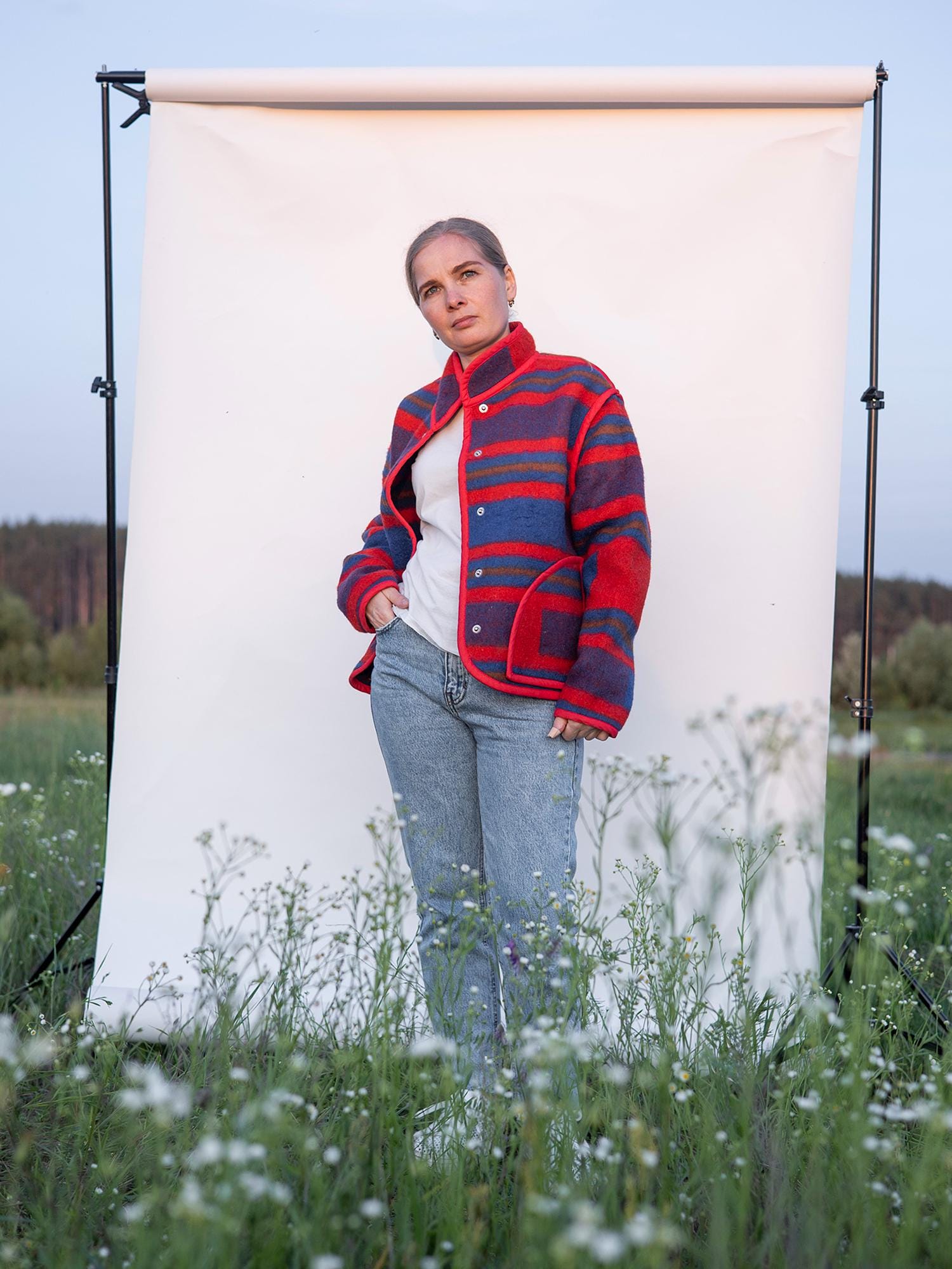 Upcycled Wool Blanket Jacket, Red Blue Striped Coat Handmade Folk Outerwear,Vintage Recycled Wool Size M,wollen jacket womens,gift for her.