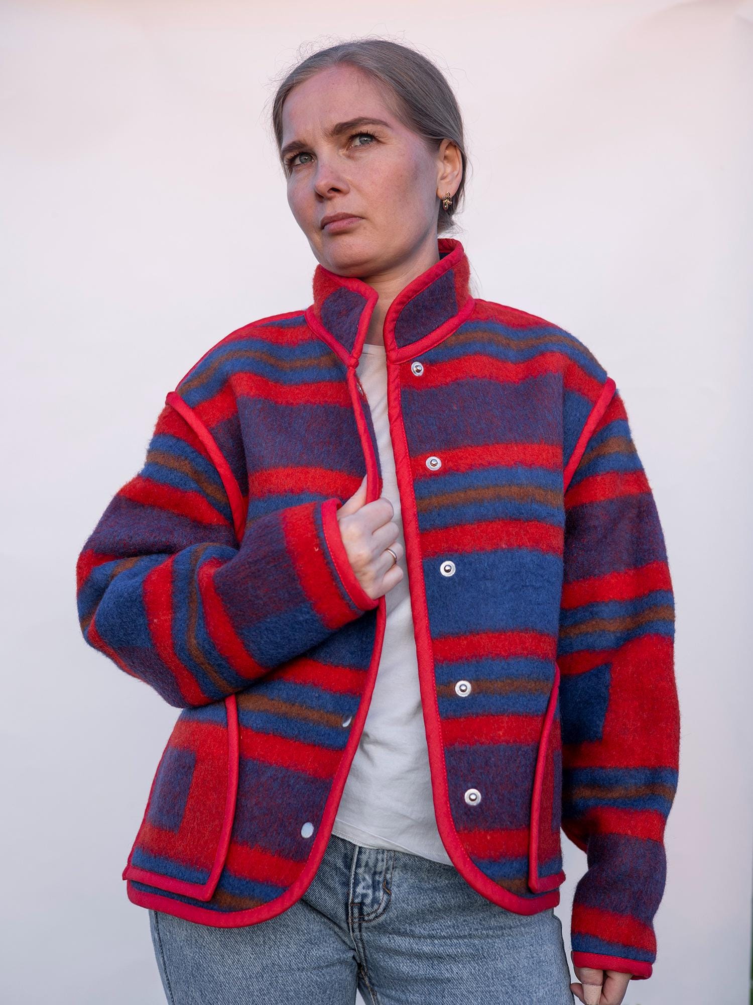 Upcycled Wool Blanket Jacket, Red Blue Striped Coat Handmade Folk Outerwear,Vintage Recycled Wool Size M,wollen jacket womens,gift for her.