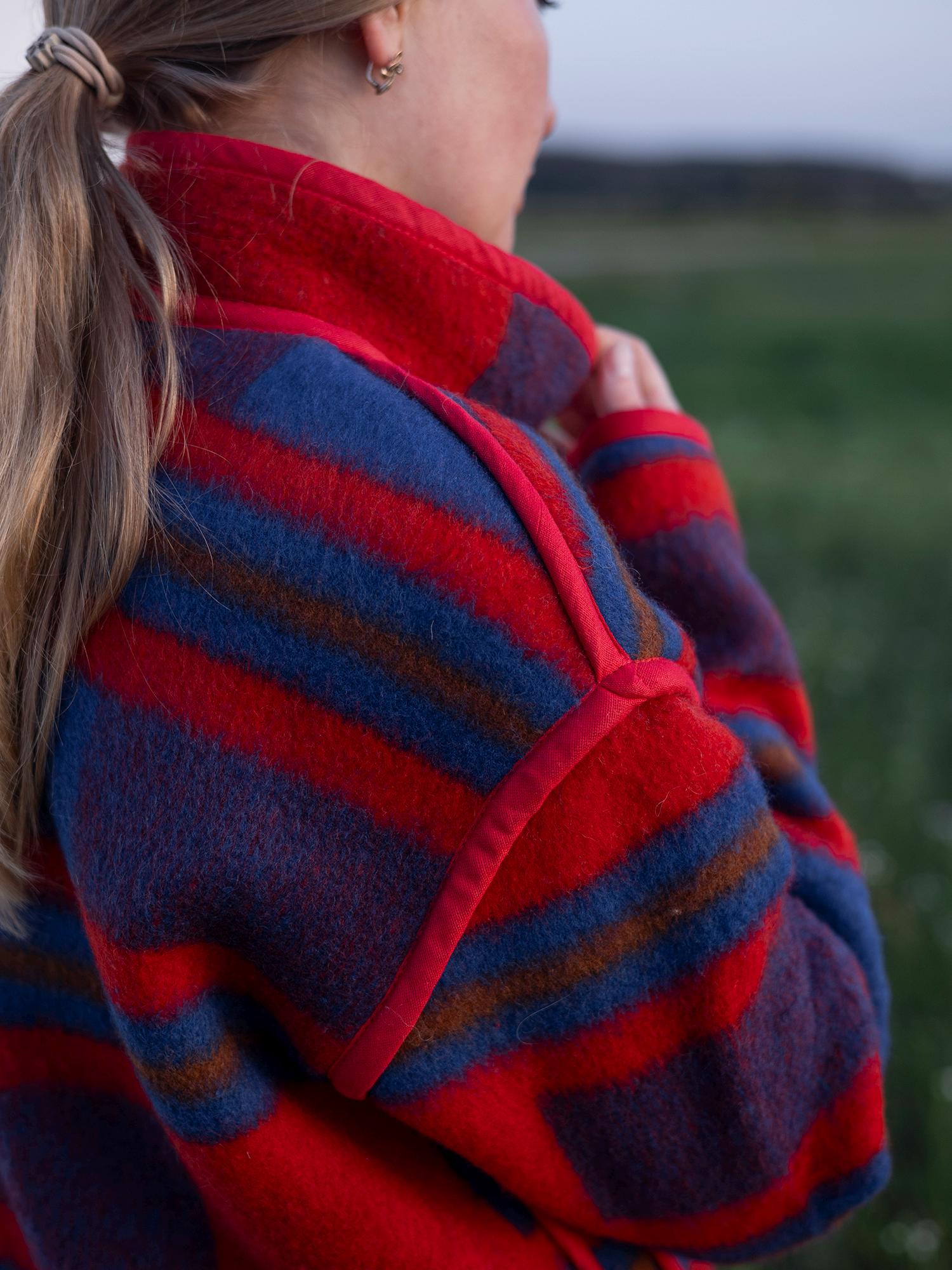 Upcycled Wool Blanket Jacket, Red Blue Striped Coat Handmade Folk Outerwear,Vintage Recycled Wool Size M,wollen jacket womens,gift for her.