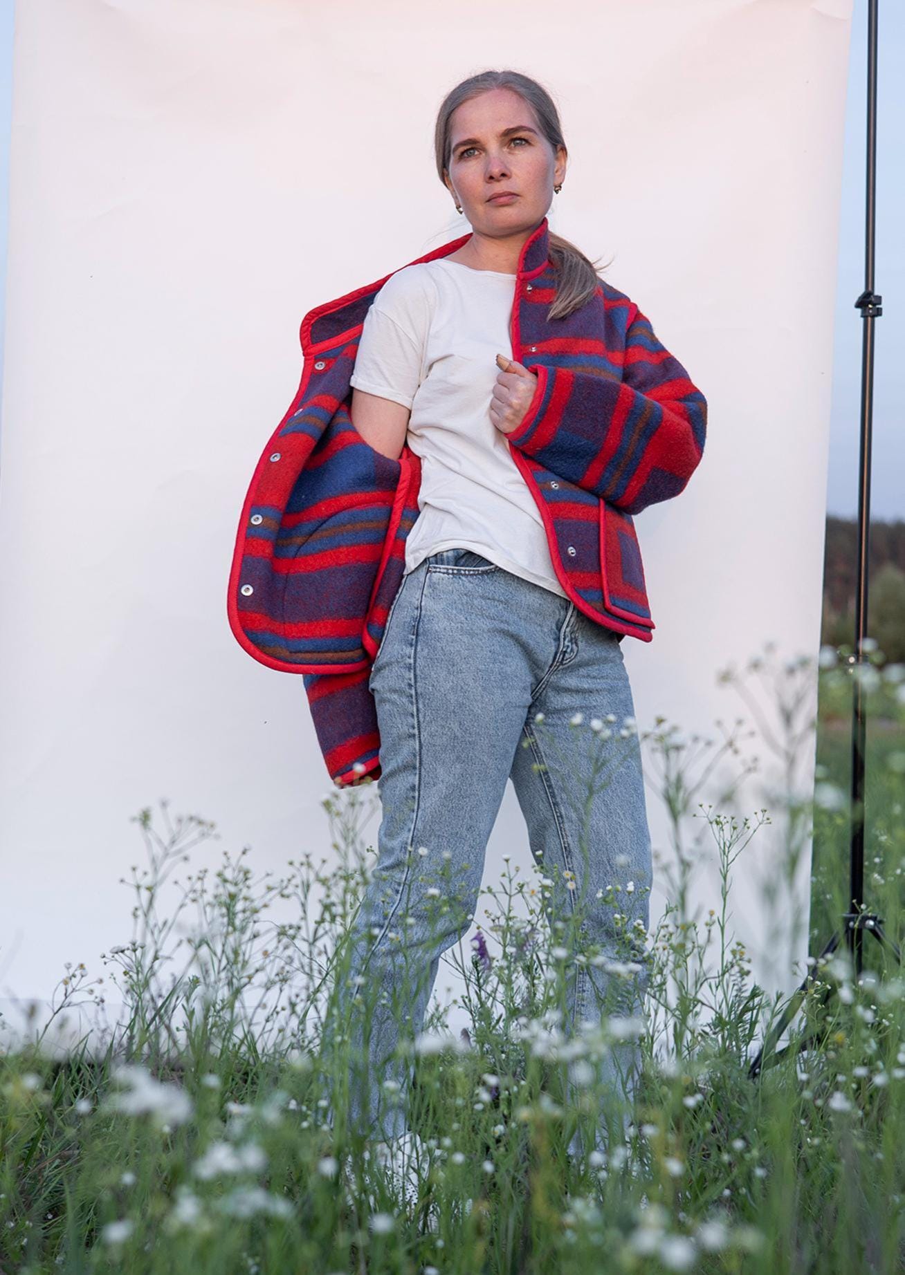 Upcycled Wool Blanket Jacket, Red Blue Striped Coat Handmade Folk Outerwear,Vintage Recycled Wool Size M,wollen jacket womens,gift for her.