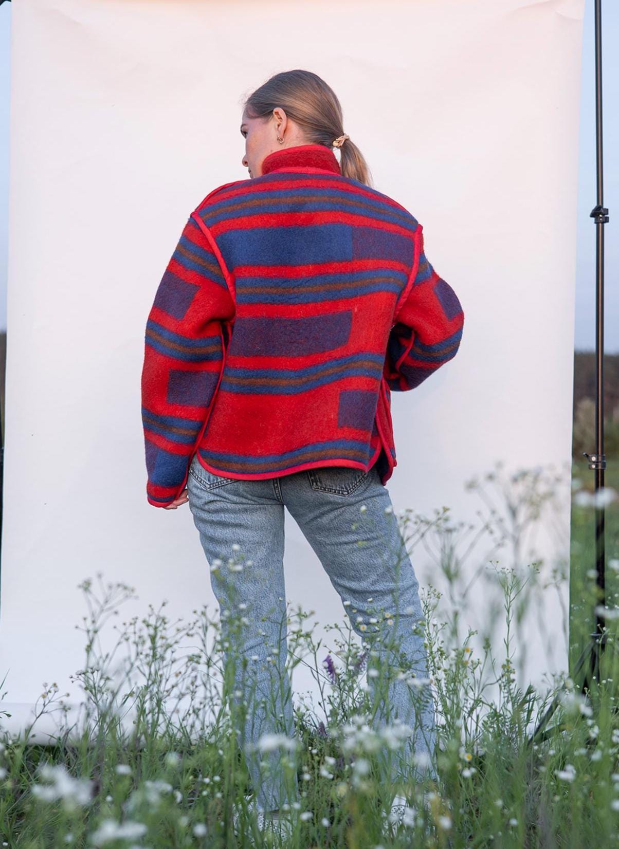 Upcycled Wool Blanket Jacket, Red Blue Striped Coat Handmade Folk Outerwear,Vintage Recycled Wool Size M,wollen jacket womens,gift for her.