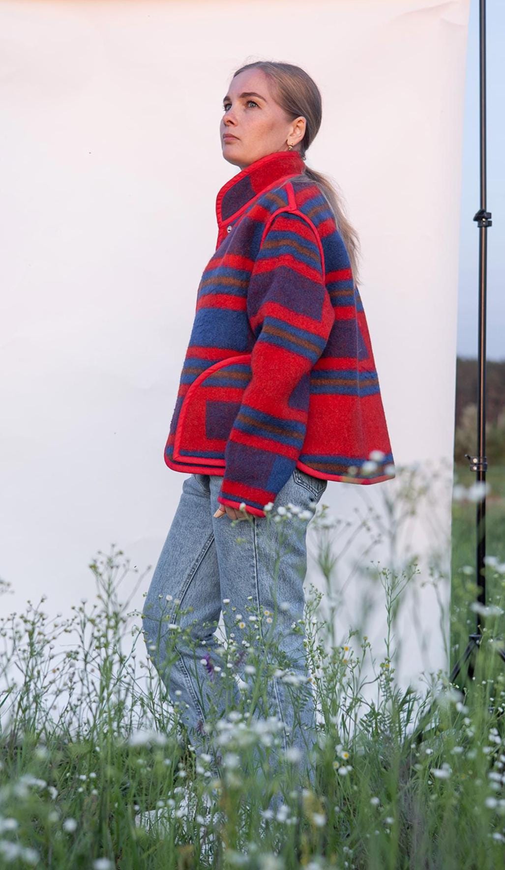 Upcycled Wool Blanket Jacket, Red Blue Striped Coat Handmade Folk Outerwear,Vintage Recycled Wool Size M,wollen jacket womens,gift for her.