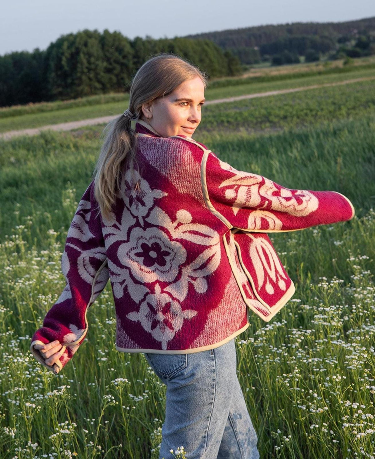 Upcycled Wool Blanket Jacket, Maroon Floral Coat, Boho Outerwear Size M