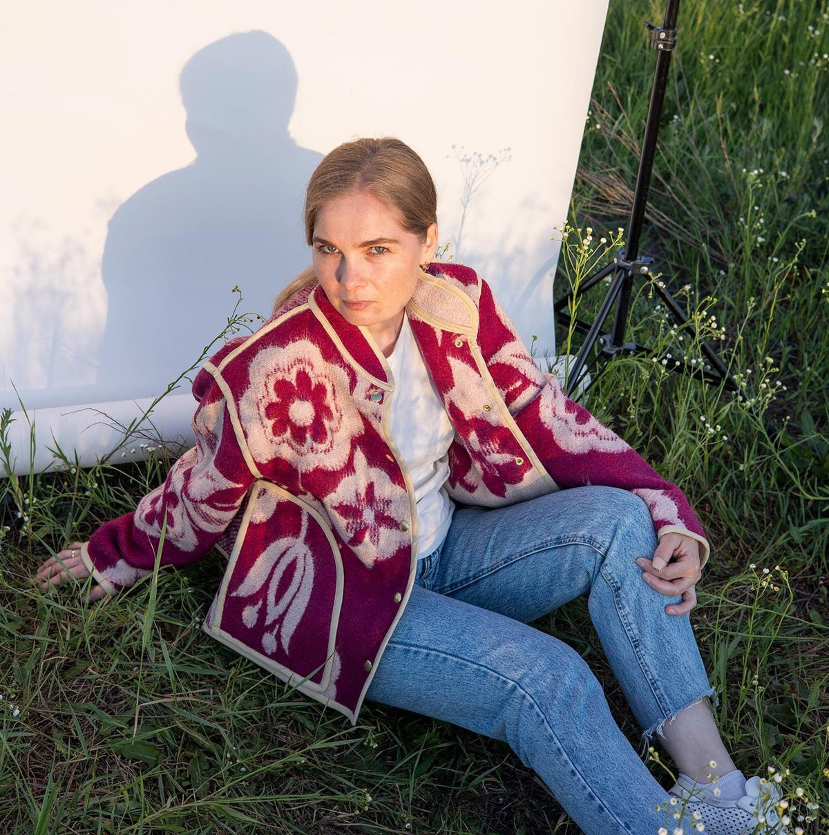 Upcycled Wool Blanket Jacket, Maroon Floral Coat, Boho Outerwear Size M