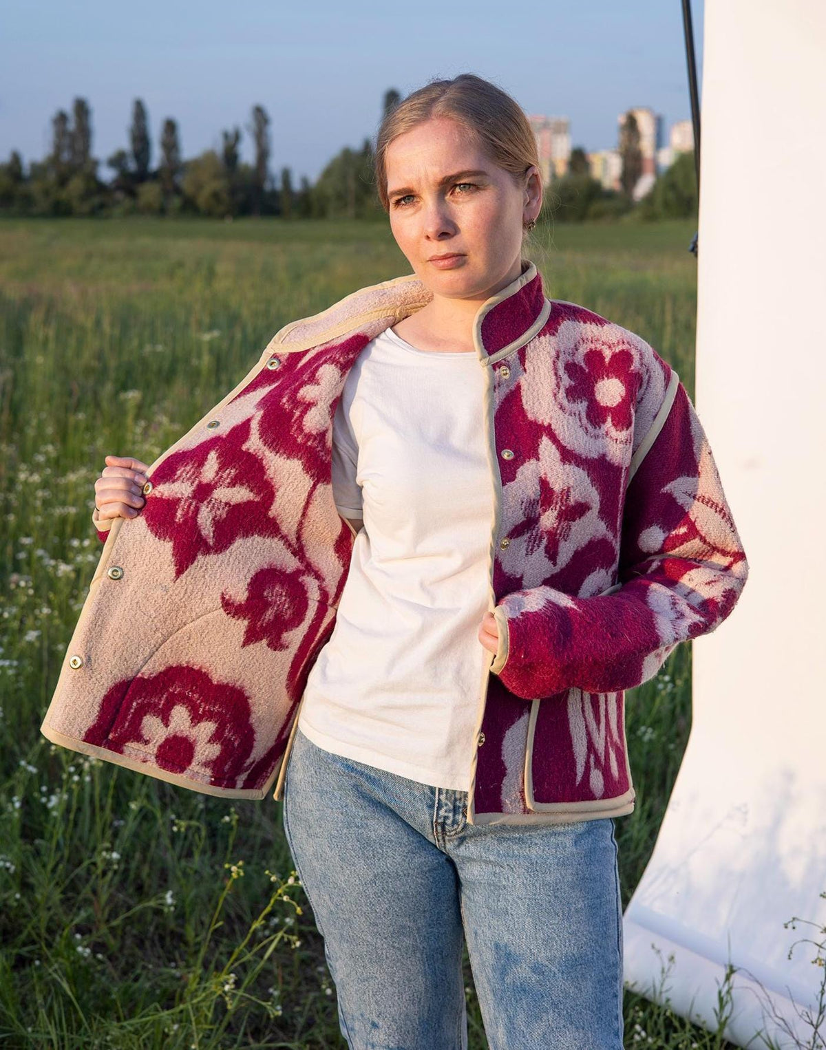 Upcycled Wool Blanket Jacket, Maroon Floral Coat, Boho Outerwear Size M