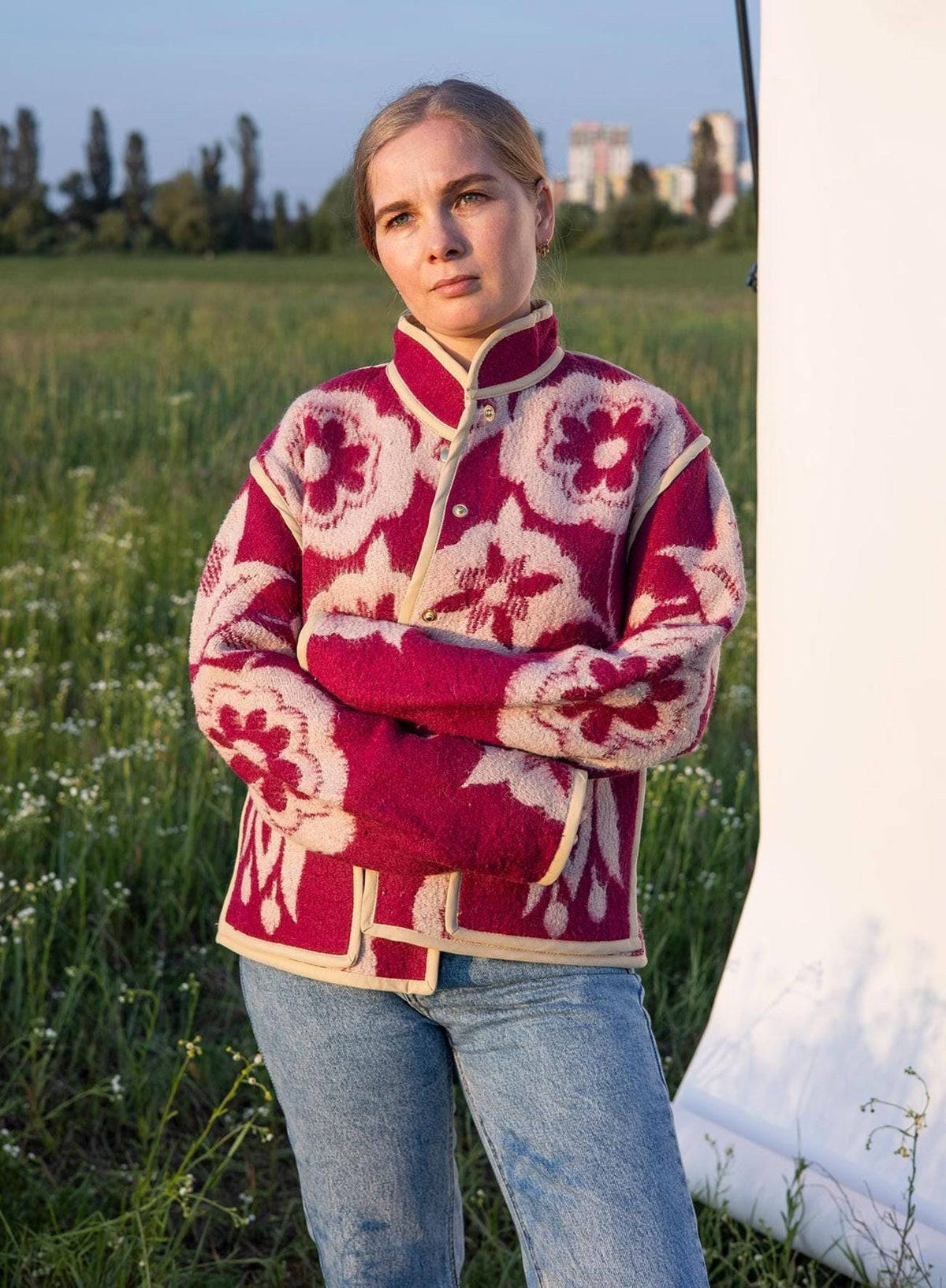 Upcycled Wool Blanket Jacket, Maroon Floral Coat, Boho Outerwear Size M