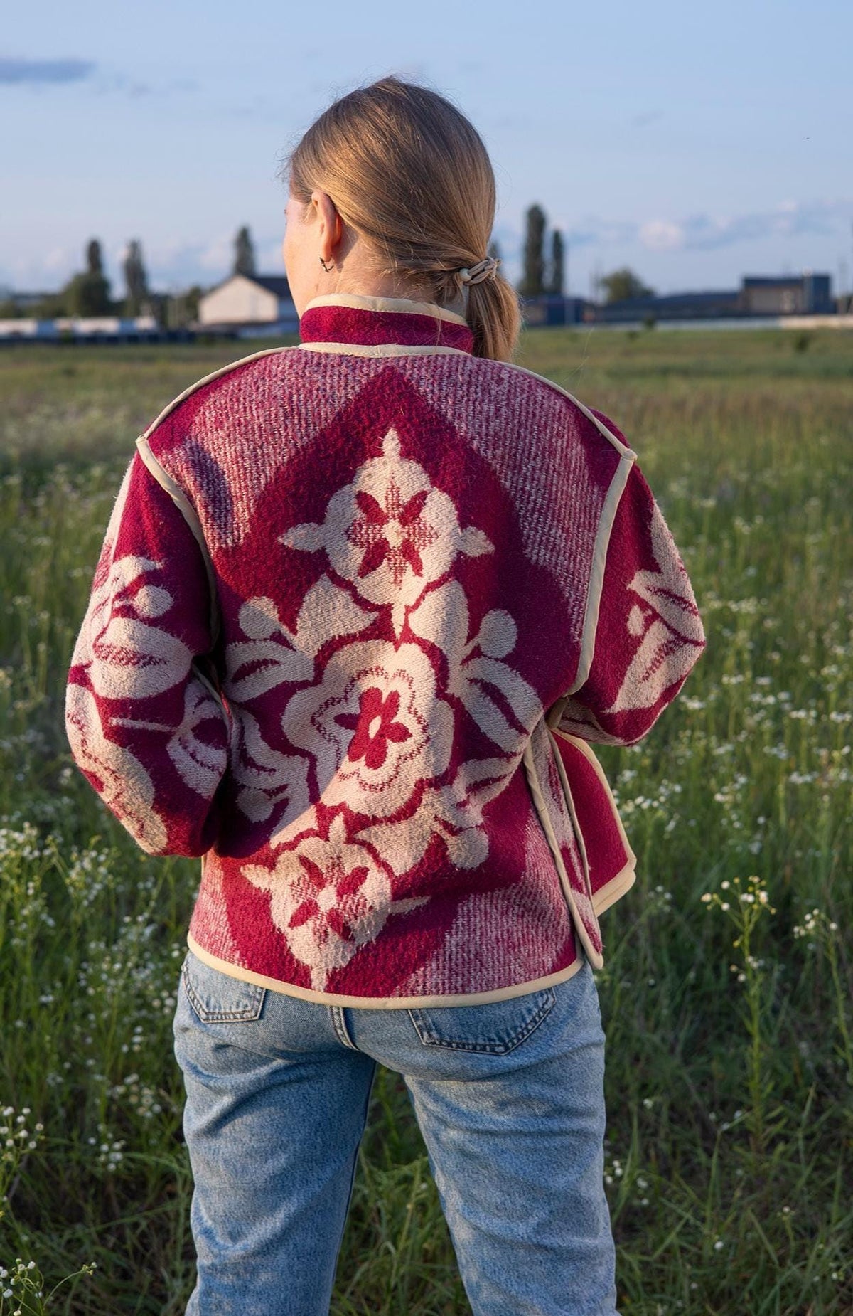 Upcycled Wool Blanket Jacket, Maroon Floral Coat, Boho Outerwear Size M