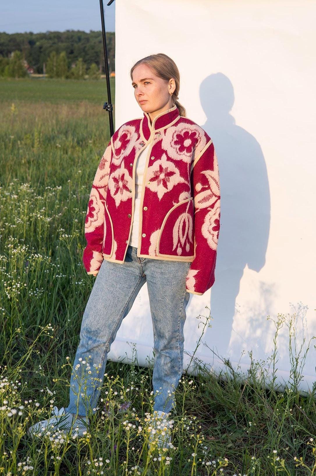 Upcycled Wool Blanket Jacket, Maroon Floral Coat, Boho Outerwear Size M