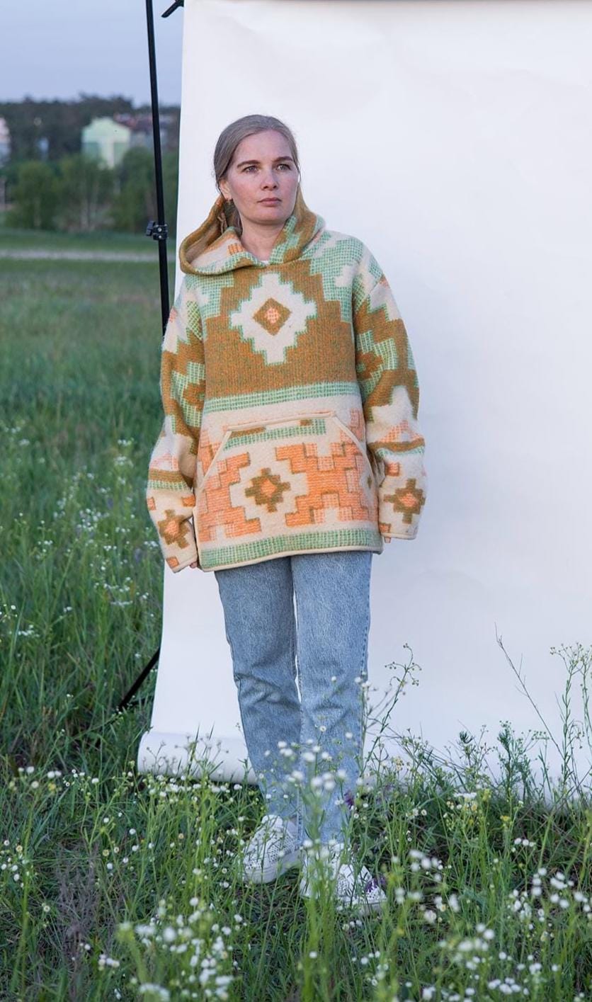 Upcycled Wool Blanket Hoodie, Ethnic Print Pullover Warm and Cozy Size M/L,wool hoodie mens,vintage hooded coat,hudson bay coat, jacket.