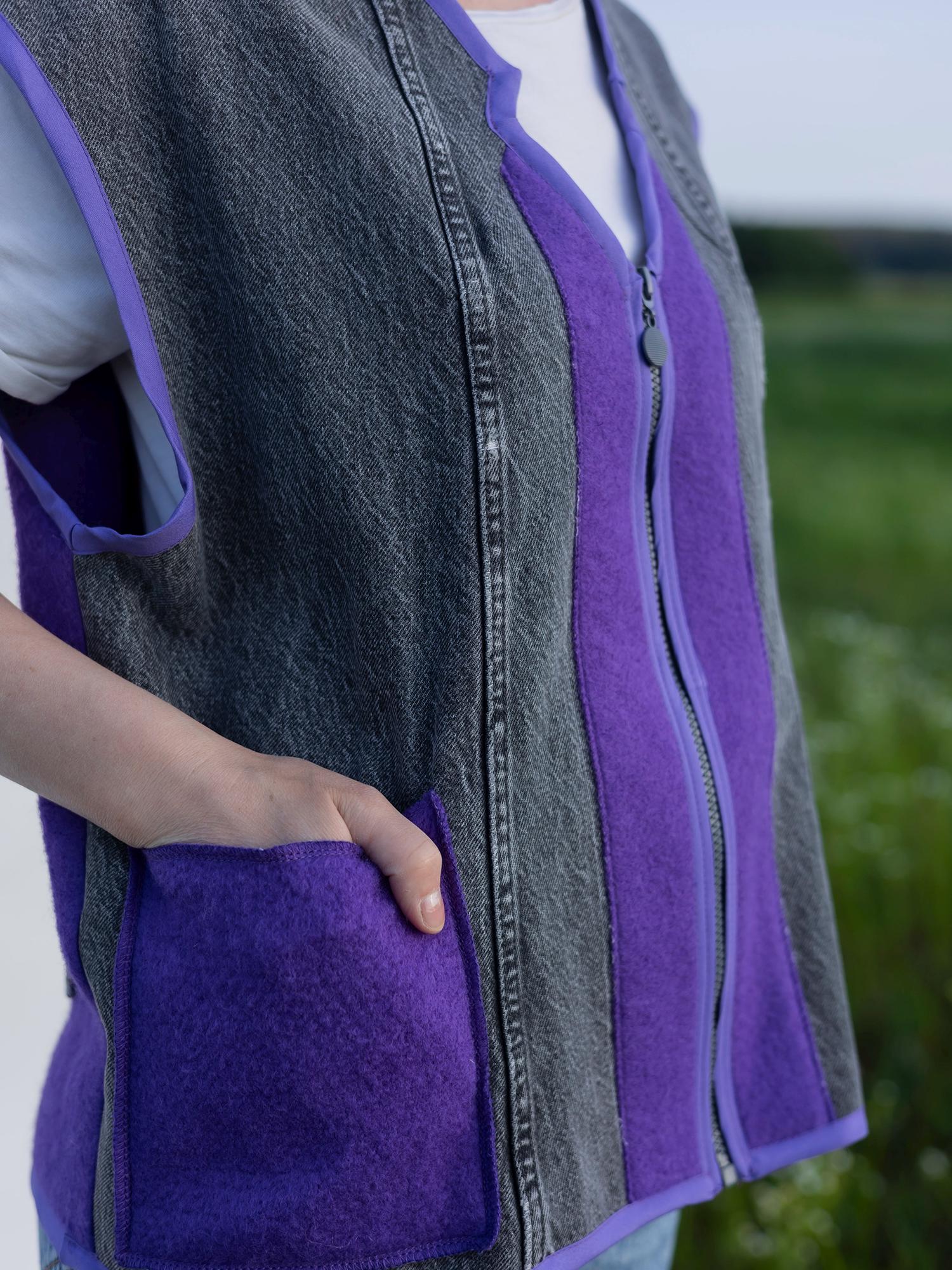 Upcycled Wool Vest with Denim Accents,Purple and Gray Vintage Sleeveless Jacket,Eco-Friendly Warm Gilet,Handmade in Ukraine Size M/L, gift.