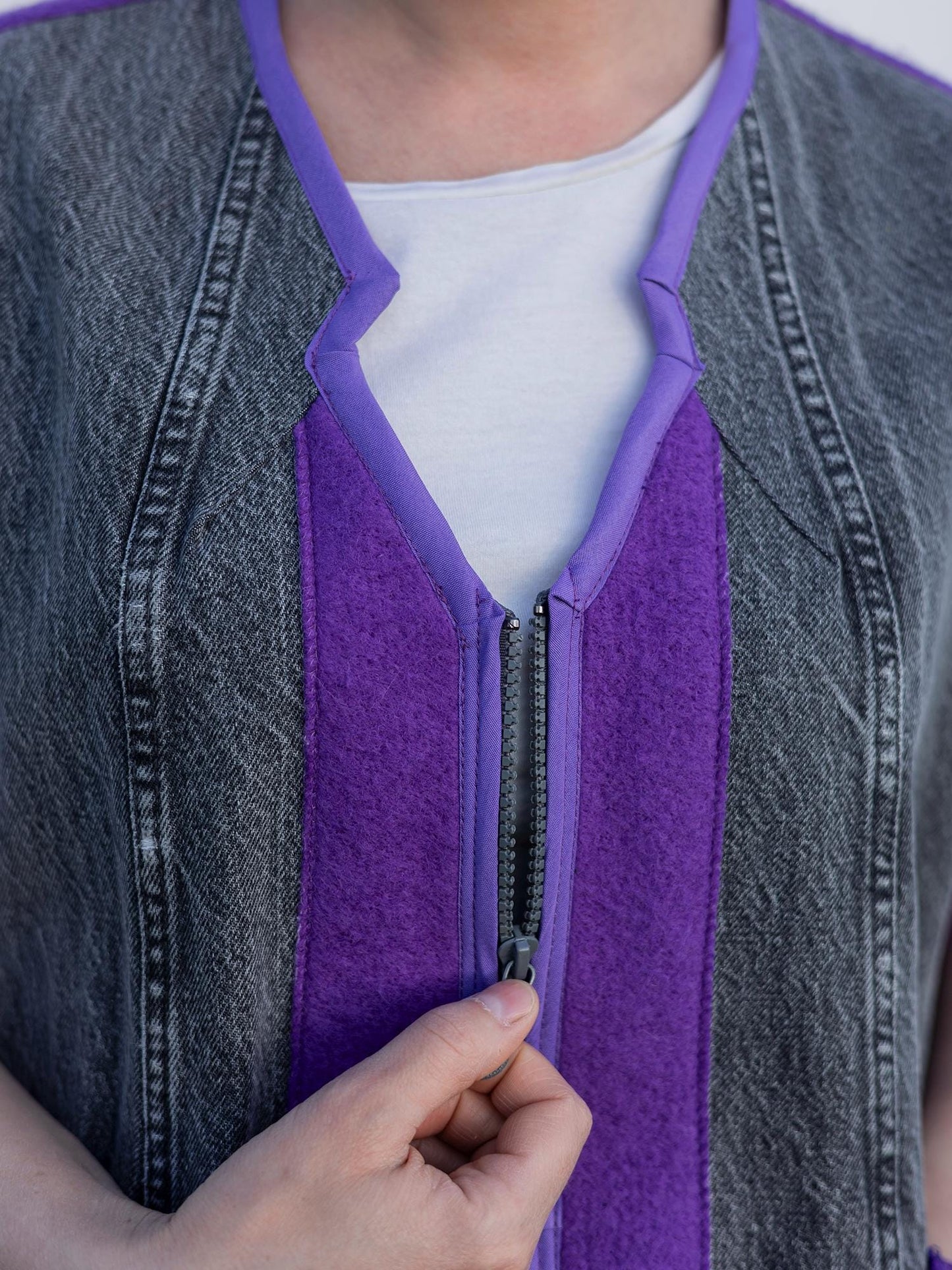 Upcycled Wool Vest with Denim Accents,Purple and Gray Vintage Sleeveless Jacket,Eco-Friendly Warm Gilet,Handmade in Ukraine Size M/L, gift.