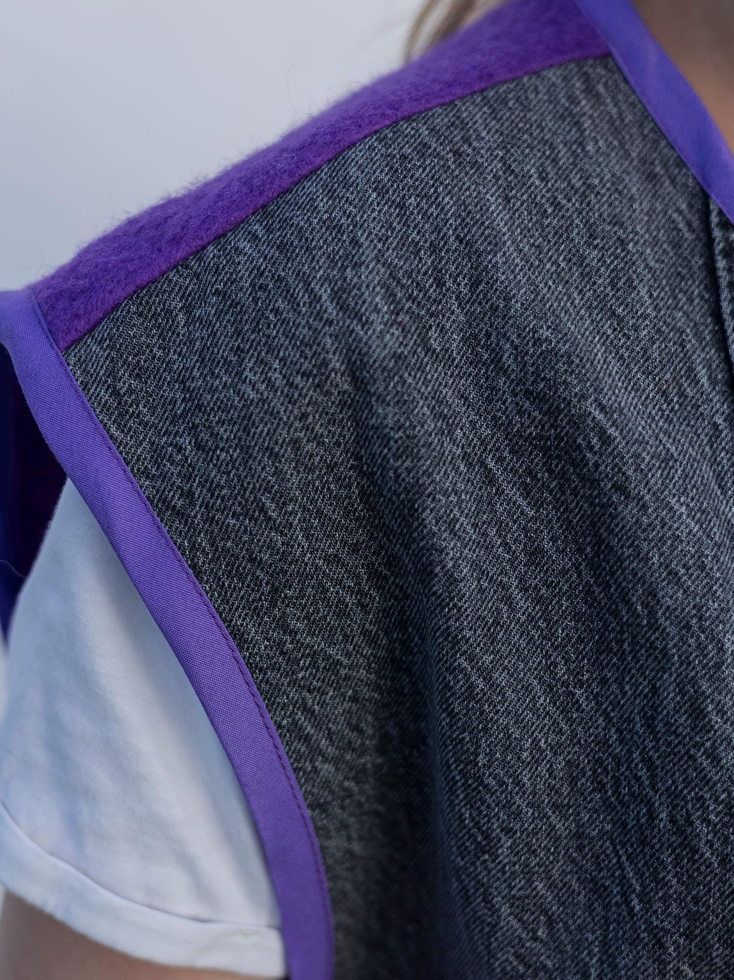 Upcycled Wool Vest with Denim Accents,Purple and Gray Vintage Sleeveless Jacket,Eco-Friendly Warm Gilet,Handmade in Ukraine Size M/L, gift.