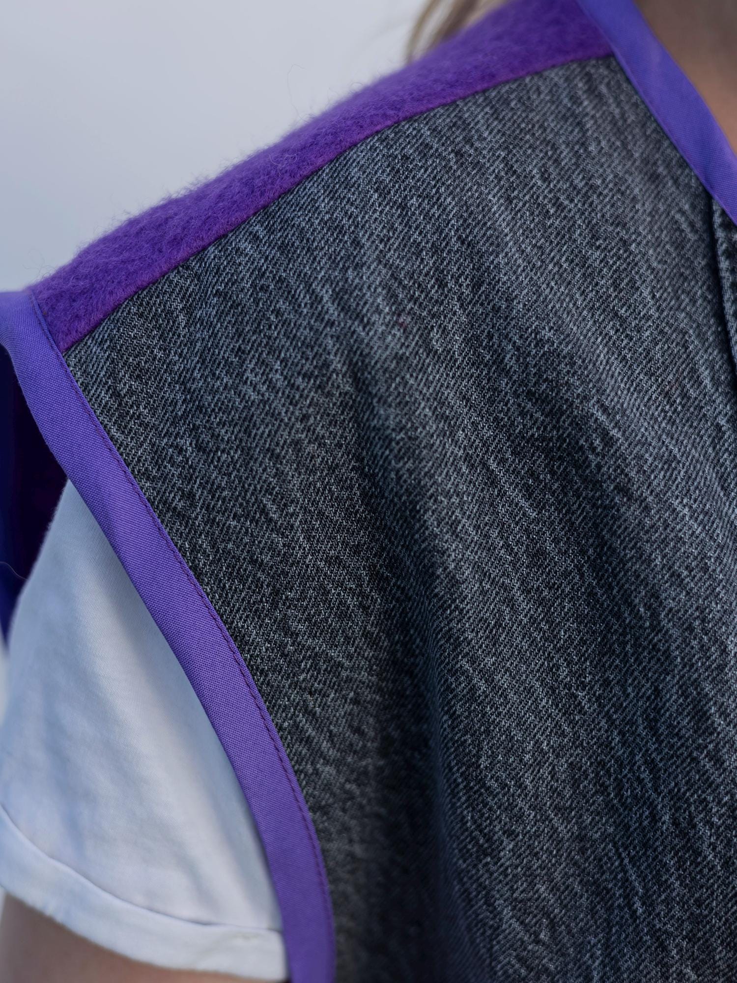 Upcycled Wool Vest with Denim Accents,Purple and Gray Vintage Sleeveless Jacket,Eco-Friendly Warm Gilet,Handmade in Ukraine Size M/L, gift.