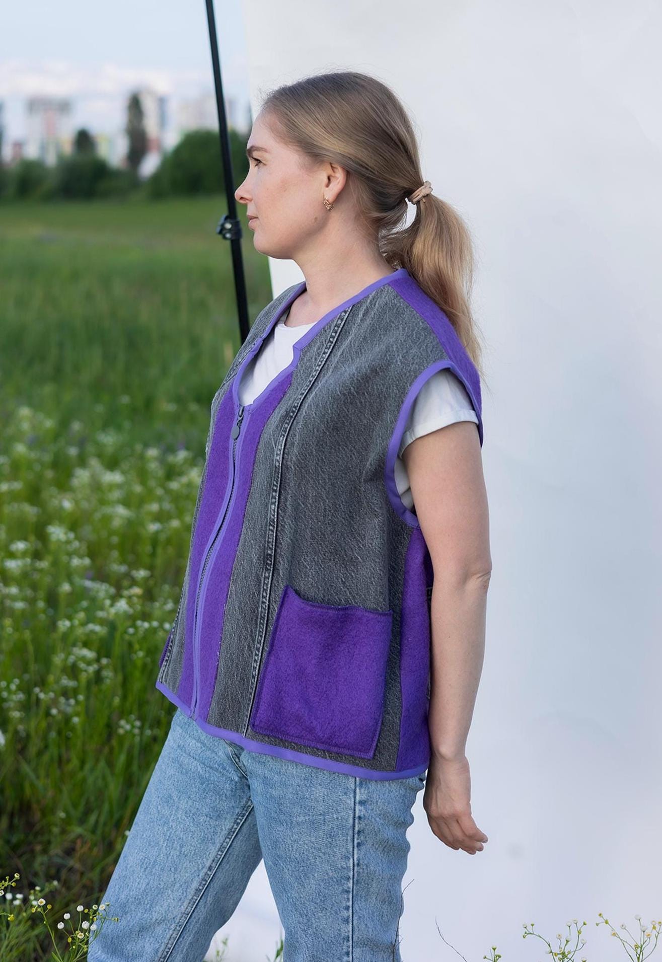 Upcycled Wool Vest with Denim Accents,Purple and Gray Vintage Sleeveless Jacket,Eco-Friendly Warm Gilet,Handmade in Ukraine Size M/L, gift.