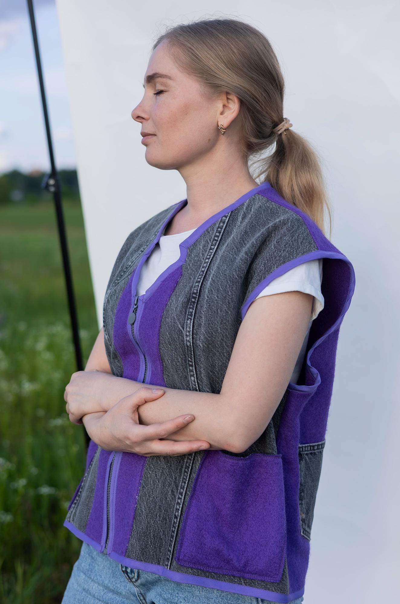 Upcycled Wool Vest with Denim Accents,Purple and Gray Vintage Sleeveless Jacket,Eco-Friendly Warm Gilet,Handmade in Ukraine Size M/L, gift.